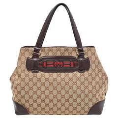 Gucci Brown/Beige GG Canvas and Leather Medium Supreme Web Dressage Tote