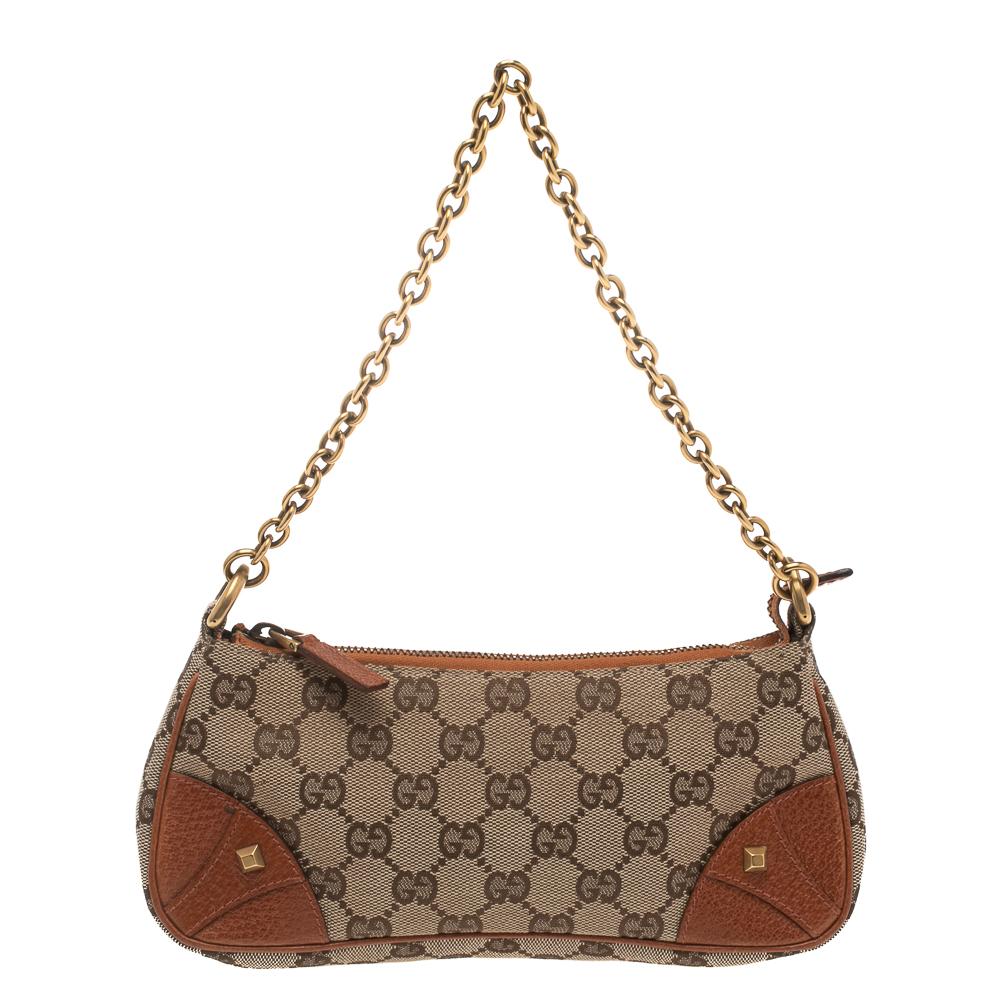 Gucci Brown/Beige GG Canvas and Leather Nail Chain Pochette 5