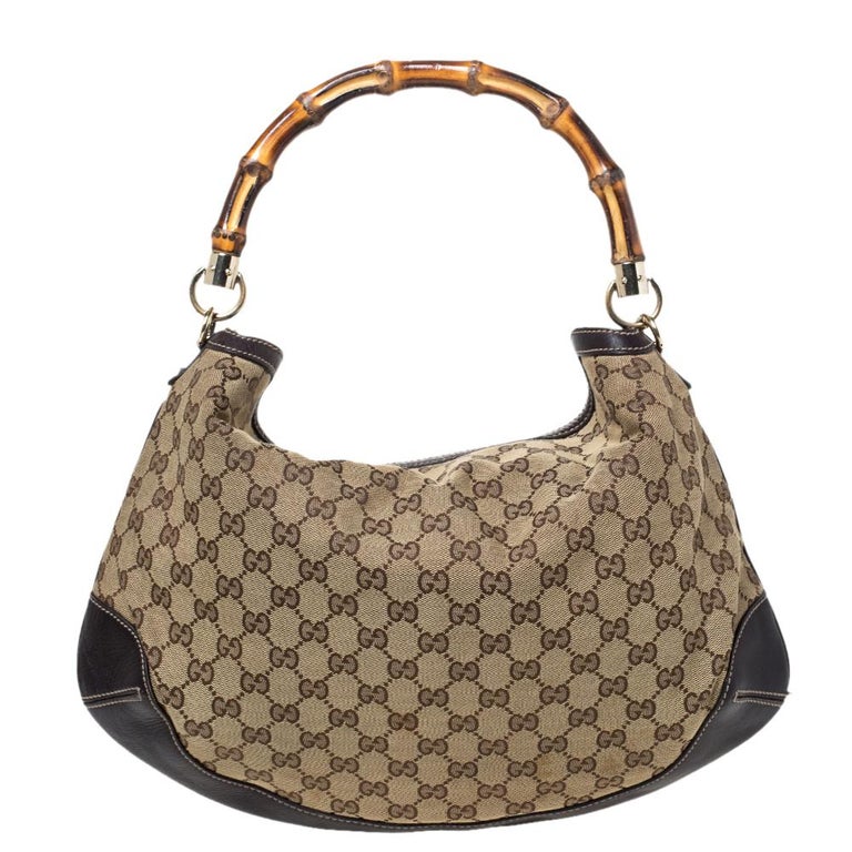 boot te ontvangen straf Gucci Brown/Beige GG Canvas and Leather Peggy Bamboo Hobo at 1stDibs