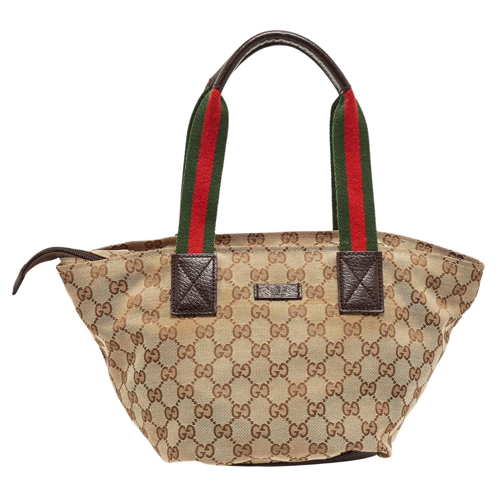 Gucci Brown/Beige GG Canvas and Leather Sherry Line Tote For Sale