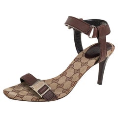 Gucci Brown/Beige GG Canvas and Leather Side Release Ankle Strap Sandals Size 39