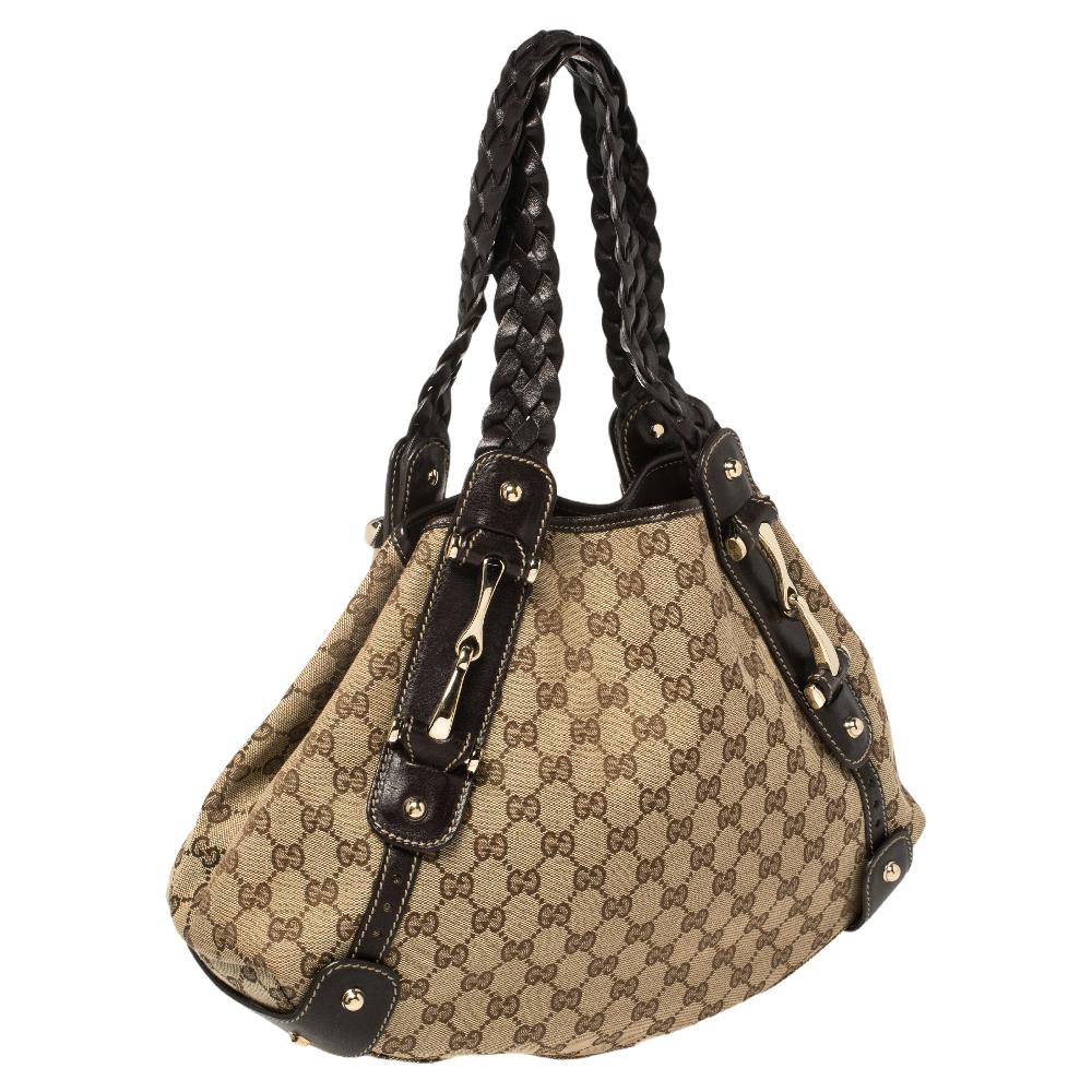 Women's Gucci Brown/Beige GG Canvas and Leather Small Horsebit Pelham Shoulder Bag