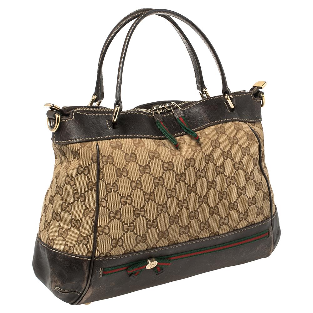 Women's Gucci Brown/Beige GG Canvas and Leather Small Mayfair Bow Tote