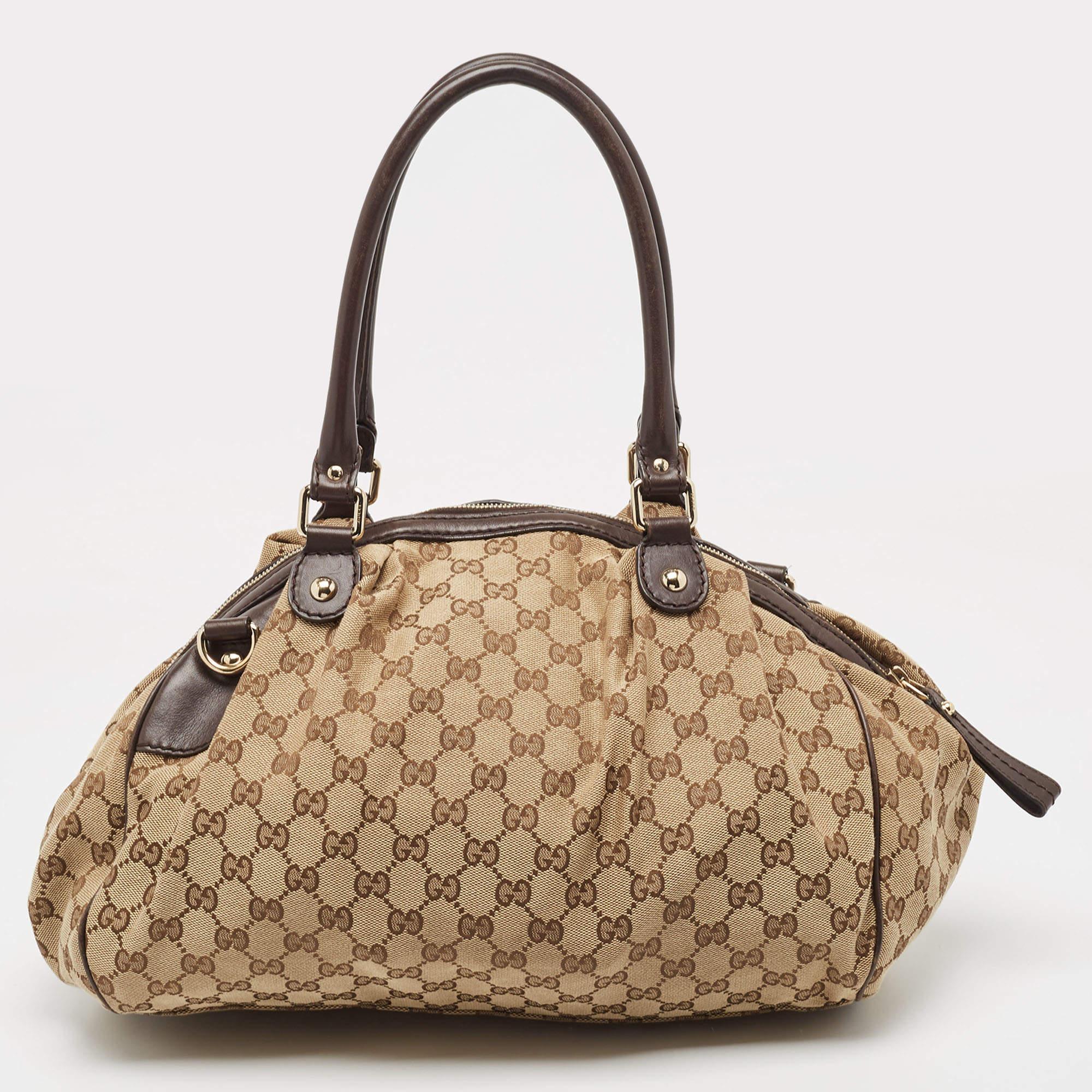 Gucci Brown/Beige GG Canvas and Leather Sukey Boston Bag For Sale 10