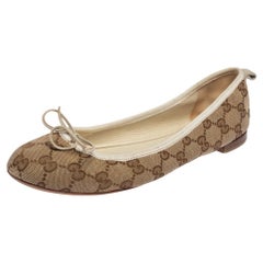 Gucci Brown/Beige GG Canvas and Leather Trim Bow Ballet Flats Size 38.5