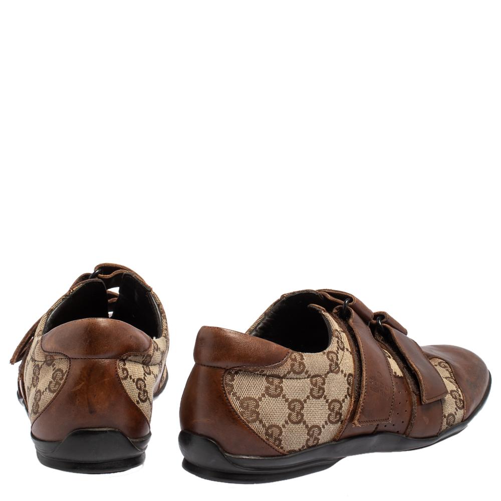 Gucci Marrón/Beige GG Zapatillas de lona y piel con velcro Talla 43.5 en Bastante bueno Estado en Dubai, Al Qouz 2