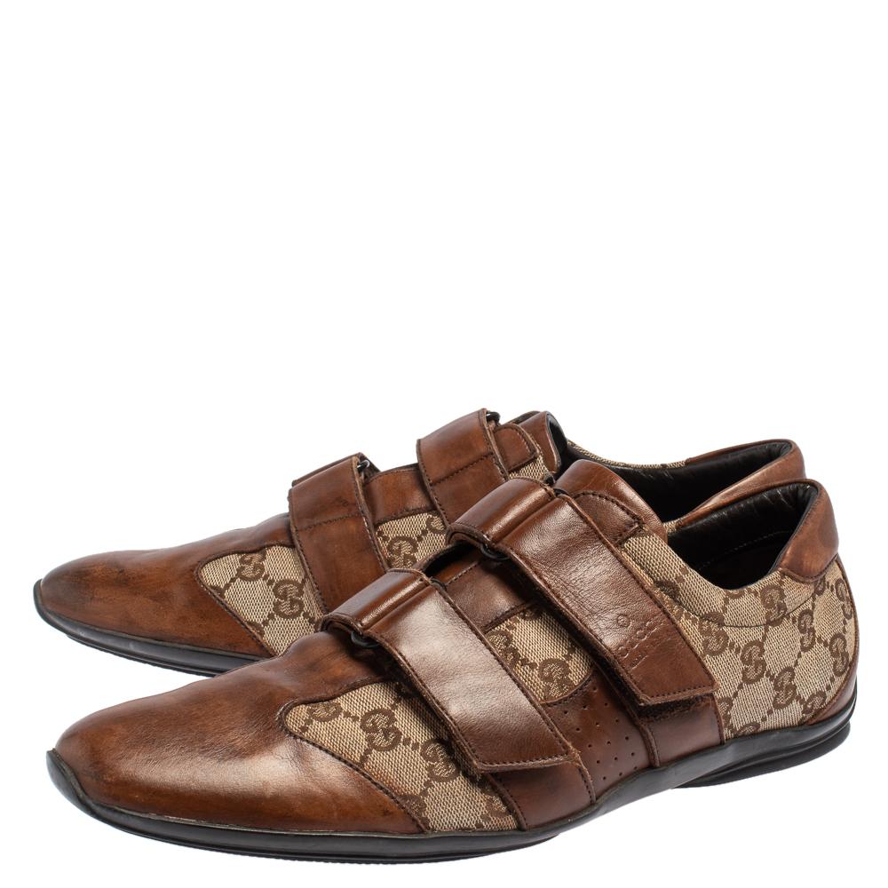 Gucci Marrón/Beige GG Zapatillas de lona y piel con velcro Talla 43.5 5