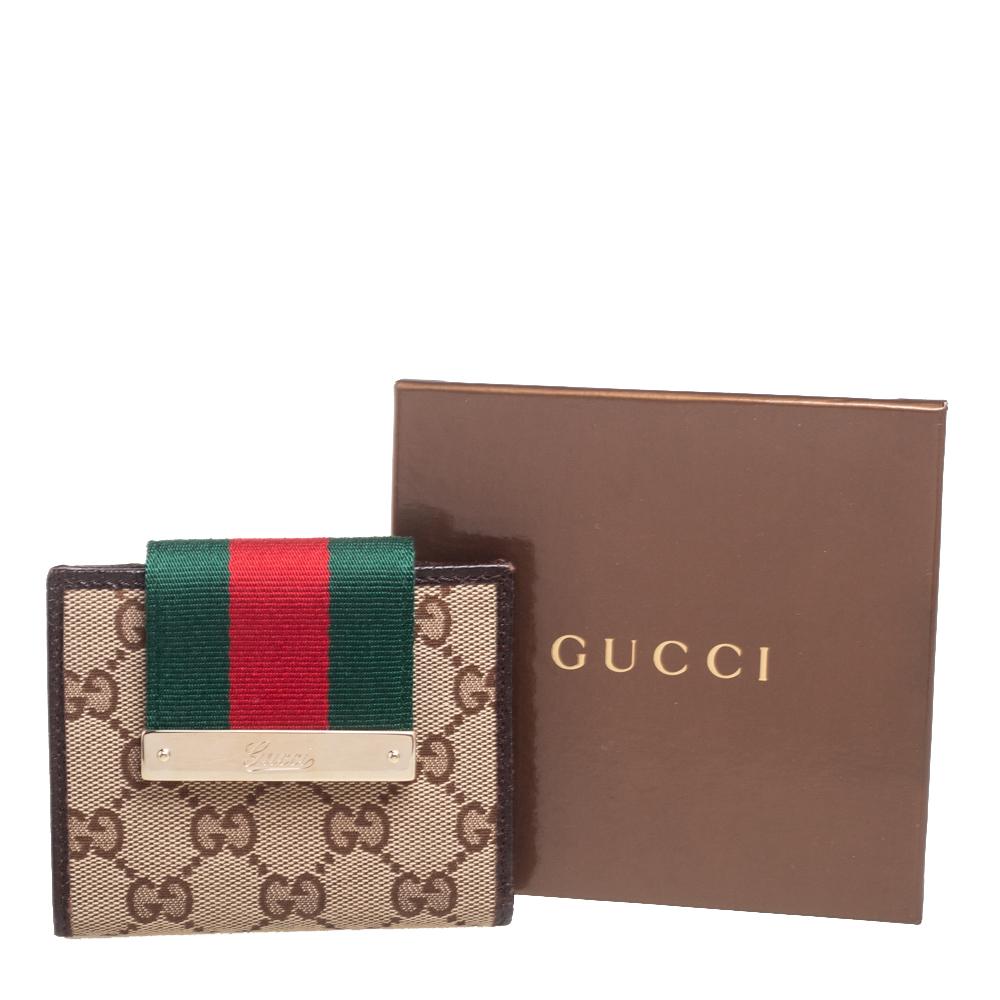 Gucci Brown/Beige GG Canvas and Leather Web Flap Compact Wallet 6