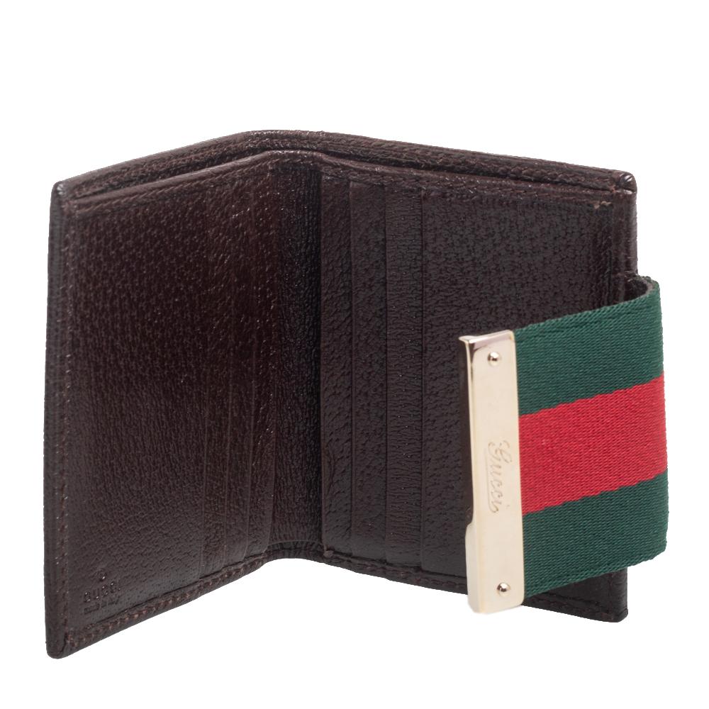 Gucci Brown/Beige GG Canvas and Leather Web Flap Compact Wallet In Good Condition In Dubai, Al Qouz 2