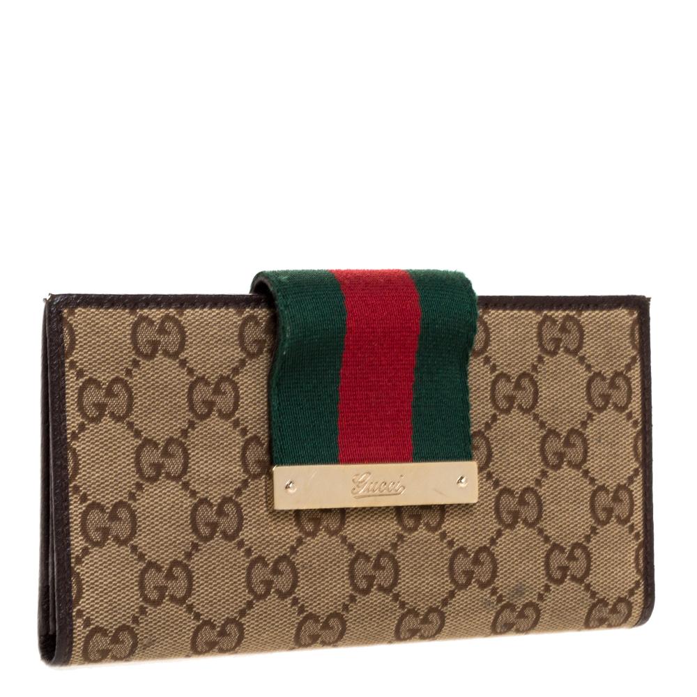Gucci Brown/Beige GG Canvas and Leather Web Flap Continental Wallet In Good Condition In Dubai, Al Qouz 2