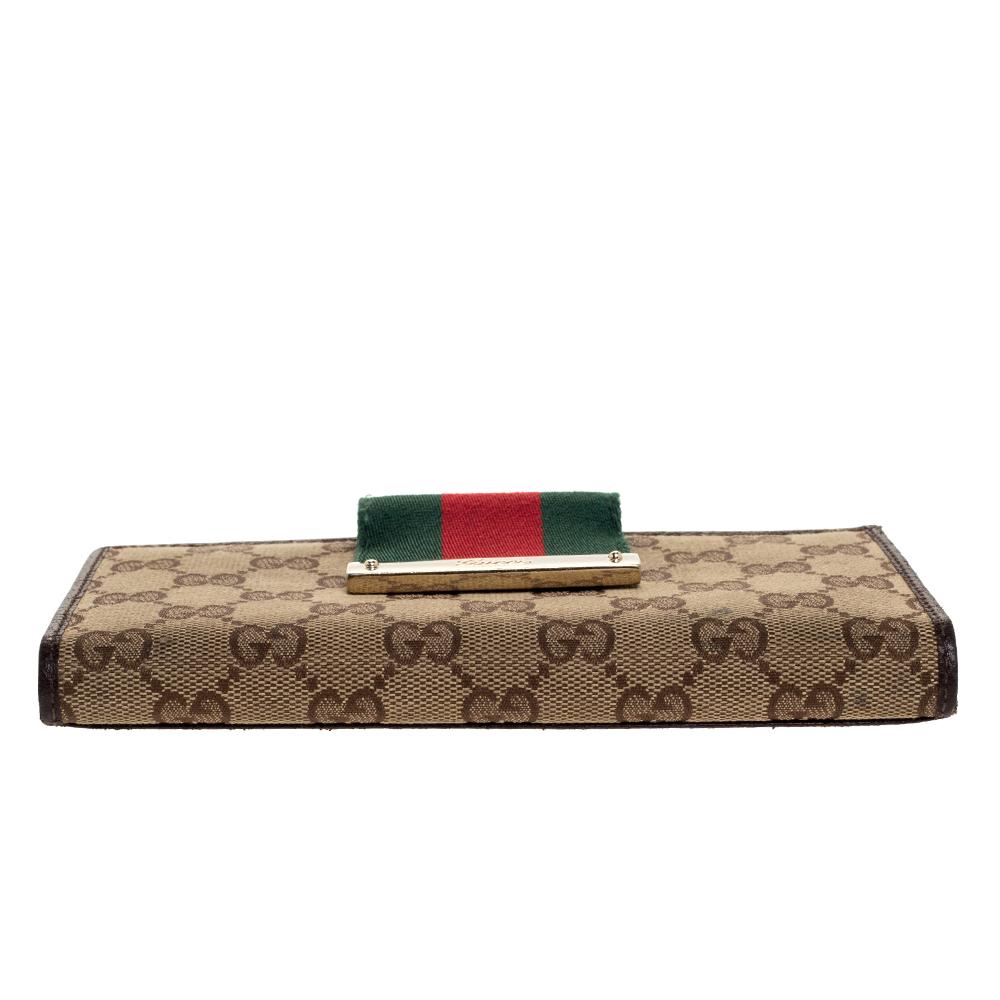 Women's Gucci Brown/Beige GG Canvas and Leather Web Flap Continental Wallet