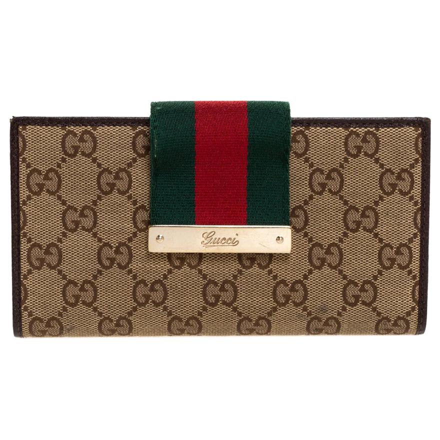 Gucci Brown/Beige GG Canvas and Leather Web Flap Continental Wallet