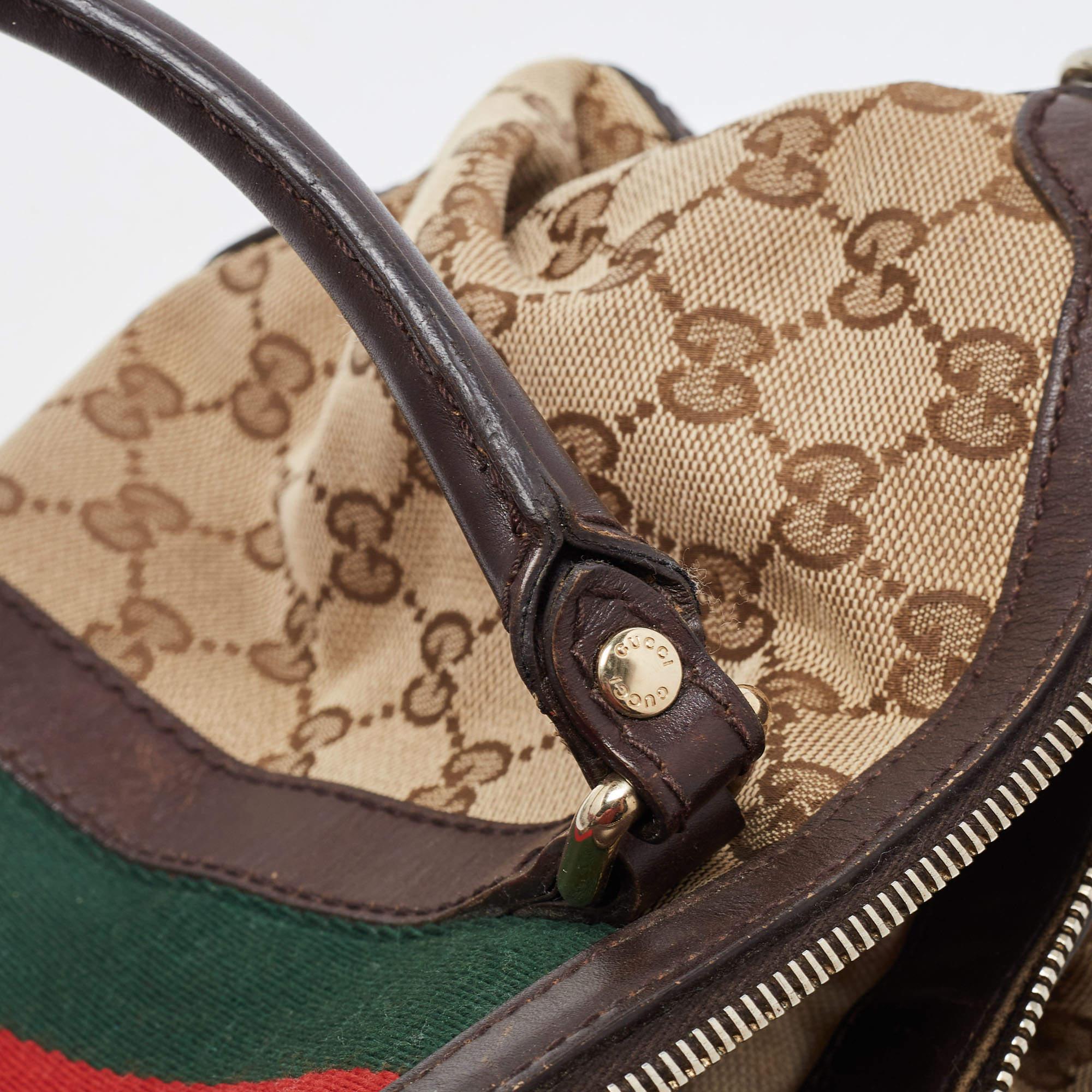 Gucci Brown/Beige GG Canvas and Leather Web Zip Bag For Sale 10