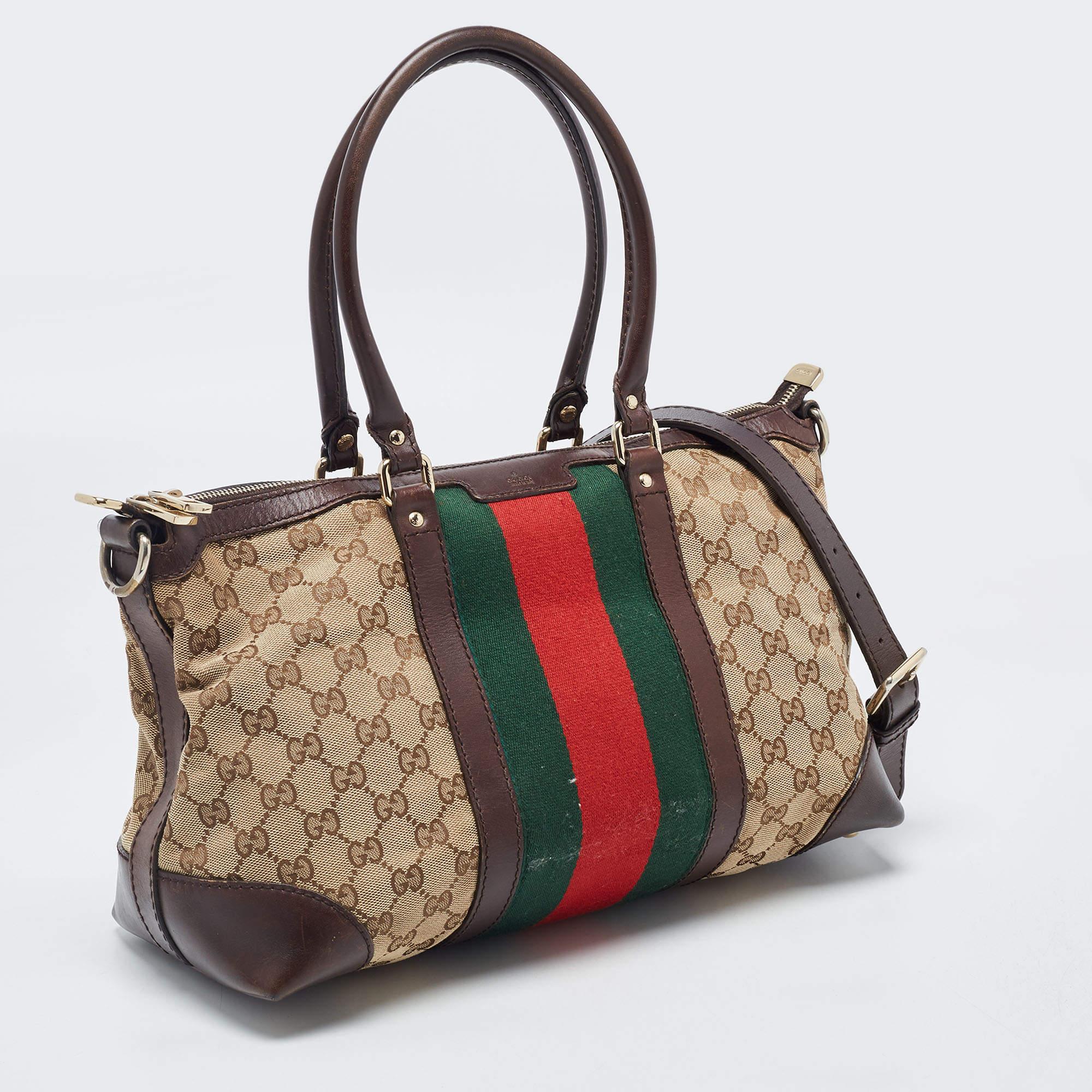 Women's Gucci Brown/Beige GG Canvas and Leather Web Zip Bag For Sale