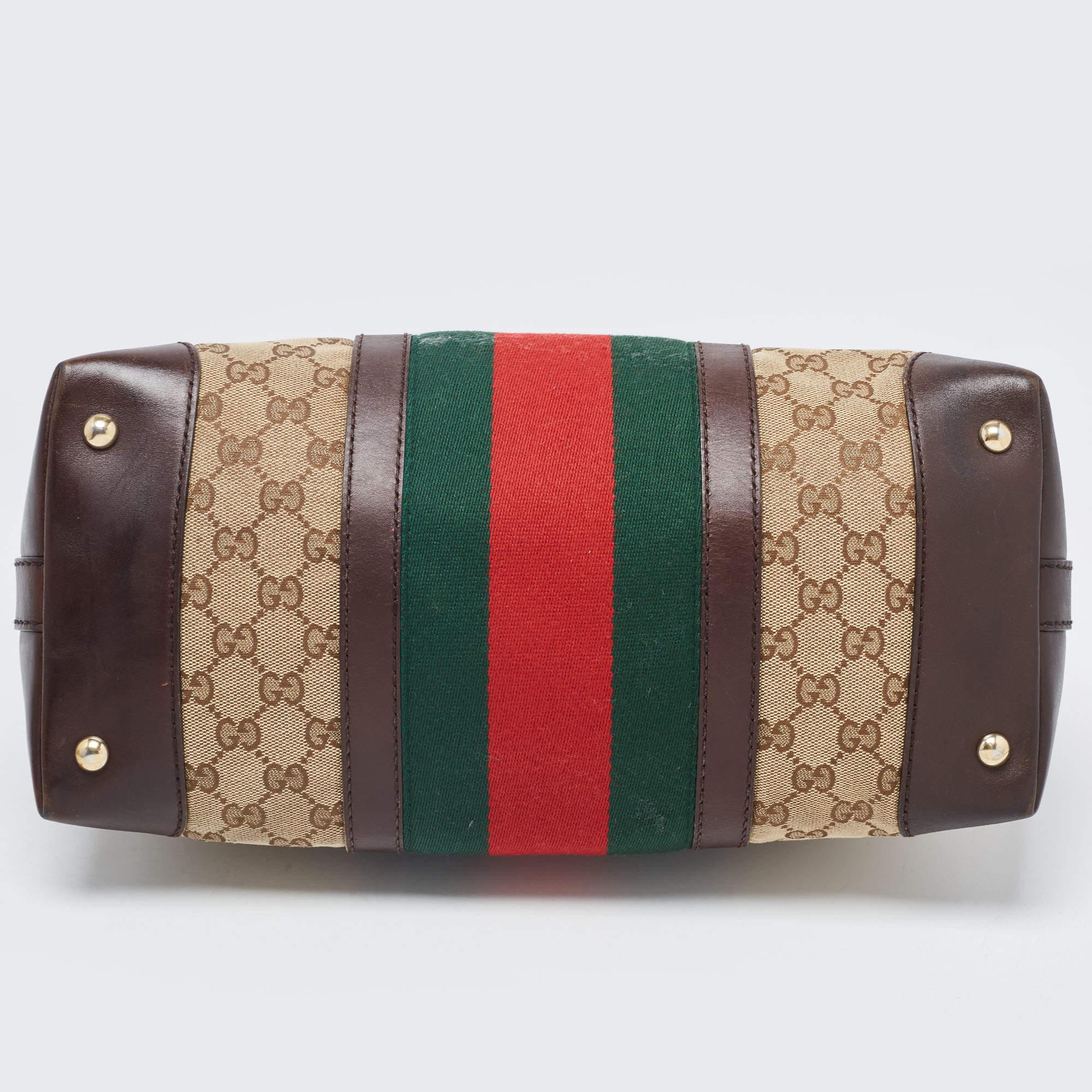 Gucci Brown/Beige GG Canvas and Leather Web Zip Bag For Sale 1