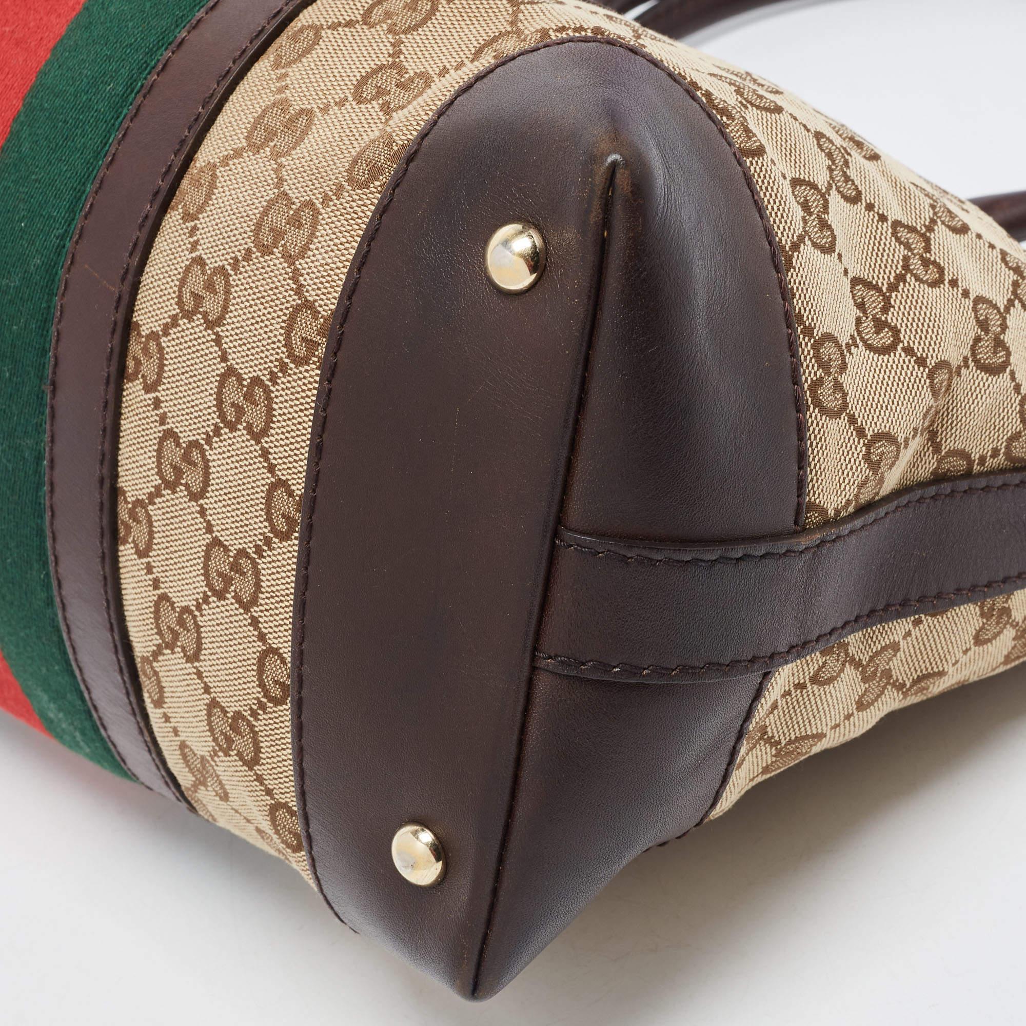 Gucci Brown/Beige GG Canvas and Leather Web Zip Bag For Sale 3