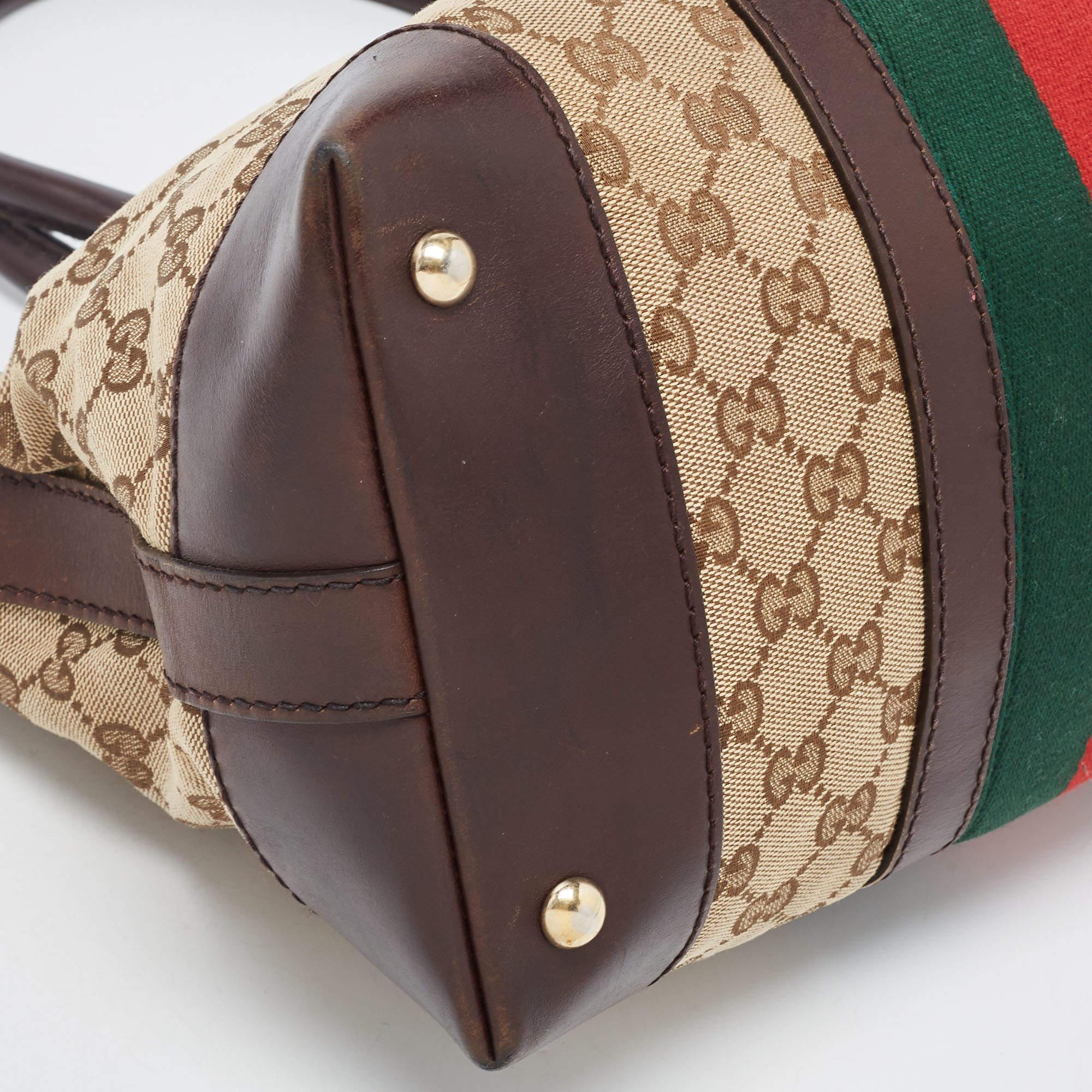 Gucci Brown/Beige GG Canvas and Leather Web Zip Bag For Sale 4