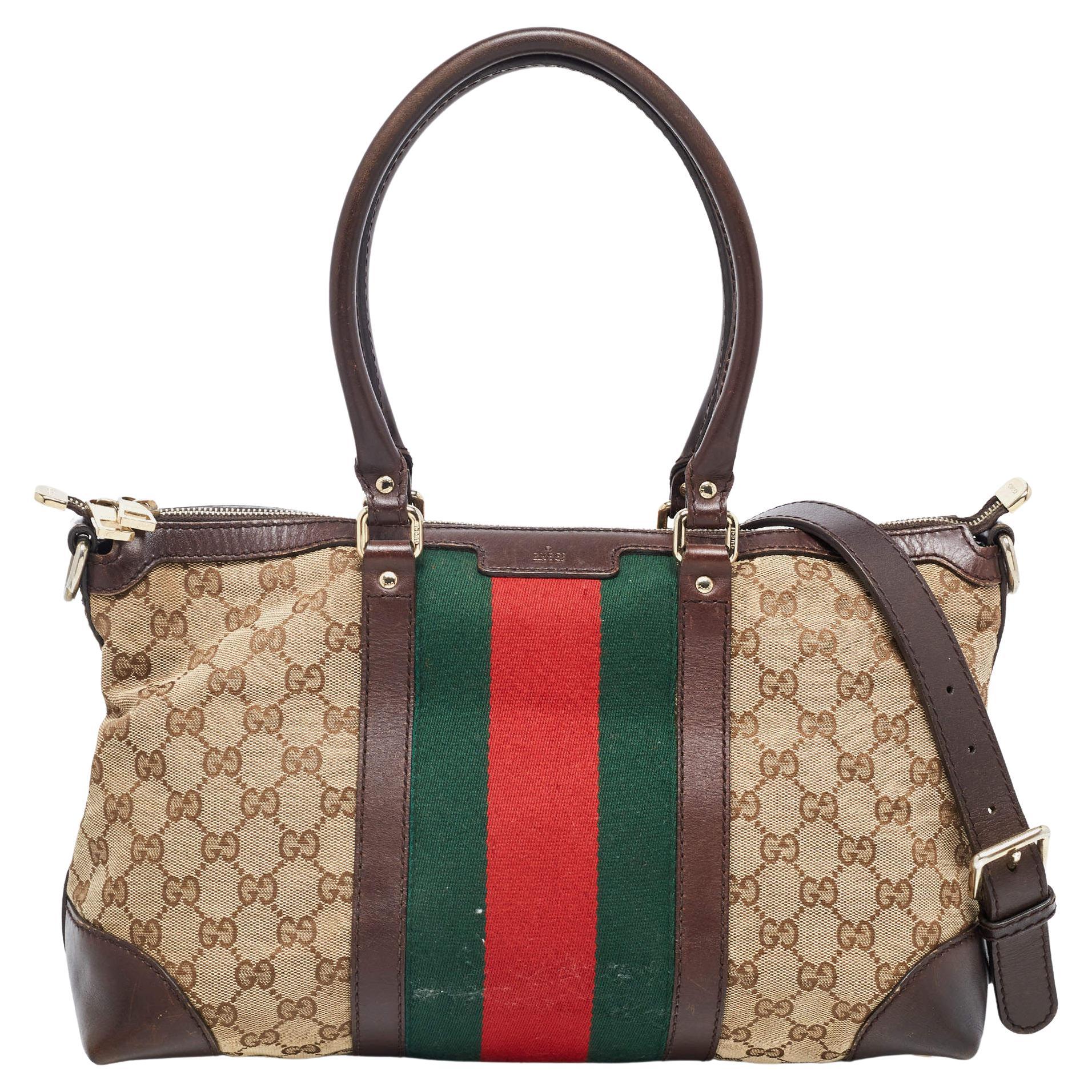 Gucci Brown/Beige GG Canvas and Leather Web Zip Bag