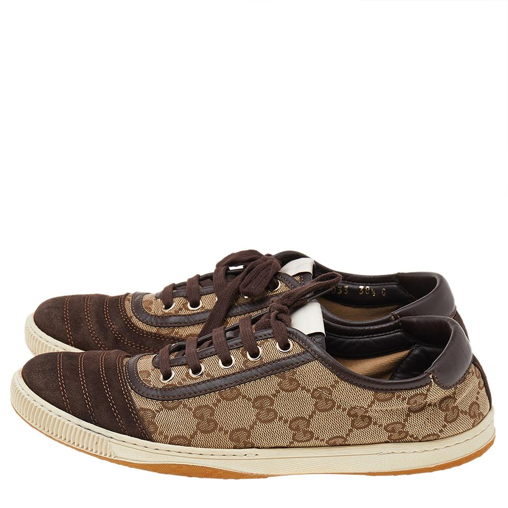 Women's Gucci Brown/Beige GG Canvas And Suede Low Top Sneakers Size 38.5