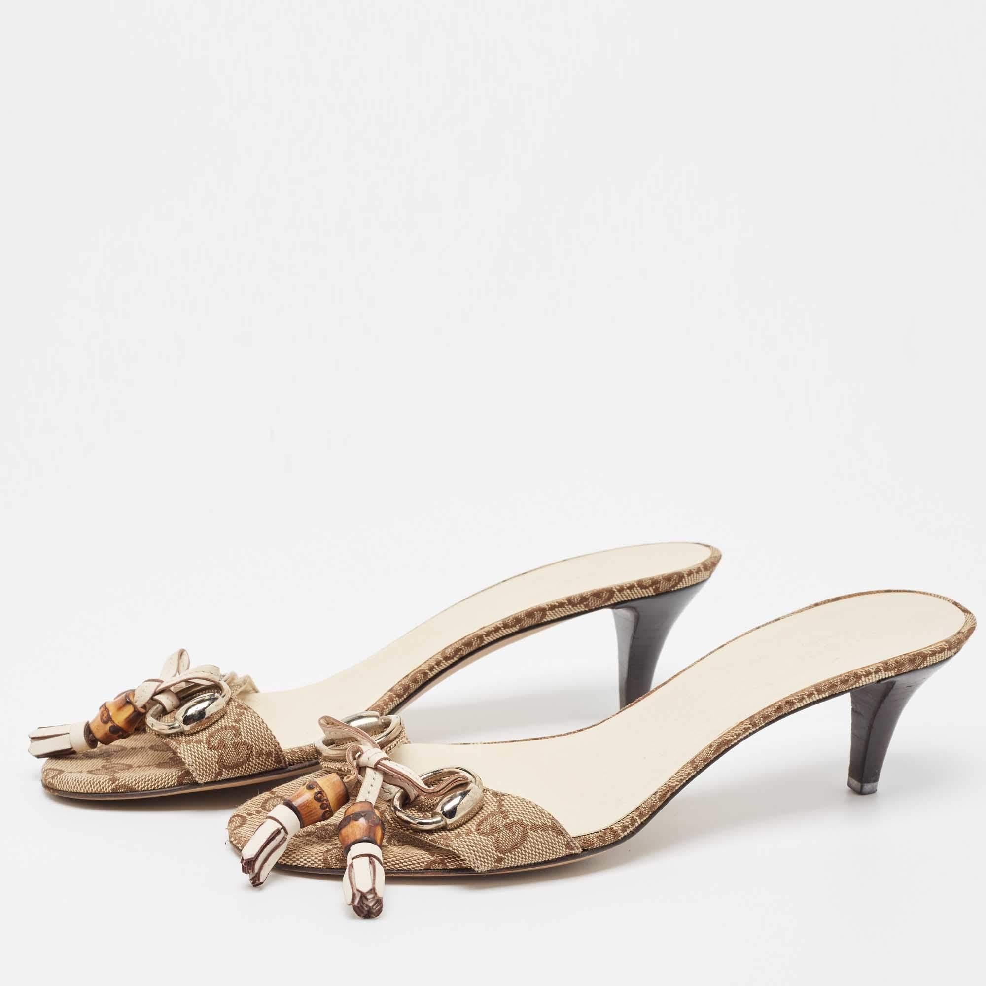 Women's Gucci Brown/Beige GG Canvas Bamboo Tassel Horsebit Slide Sandals Size 38