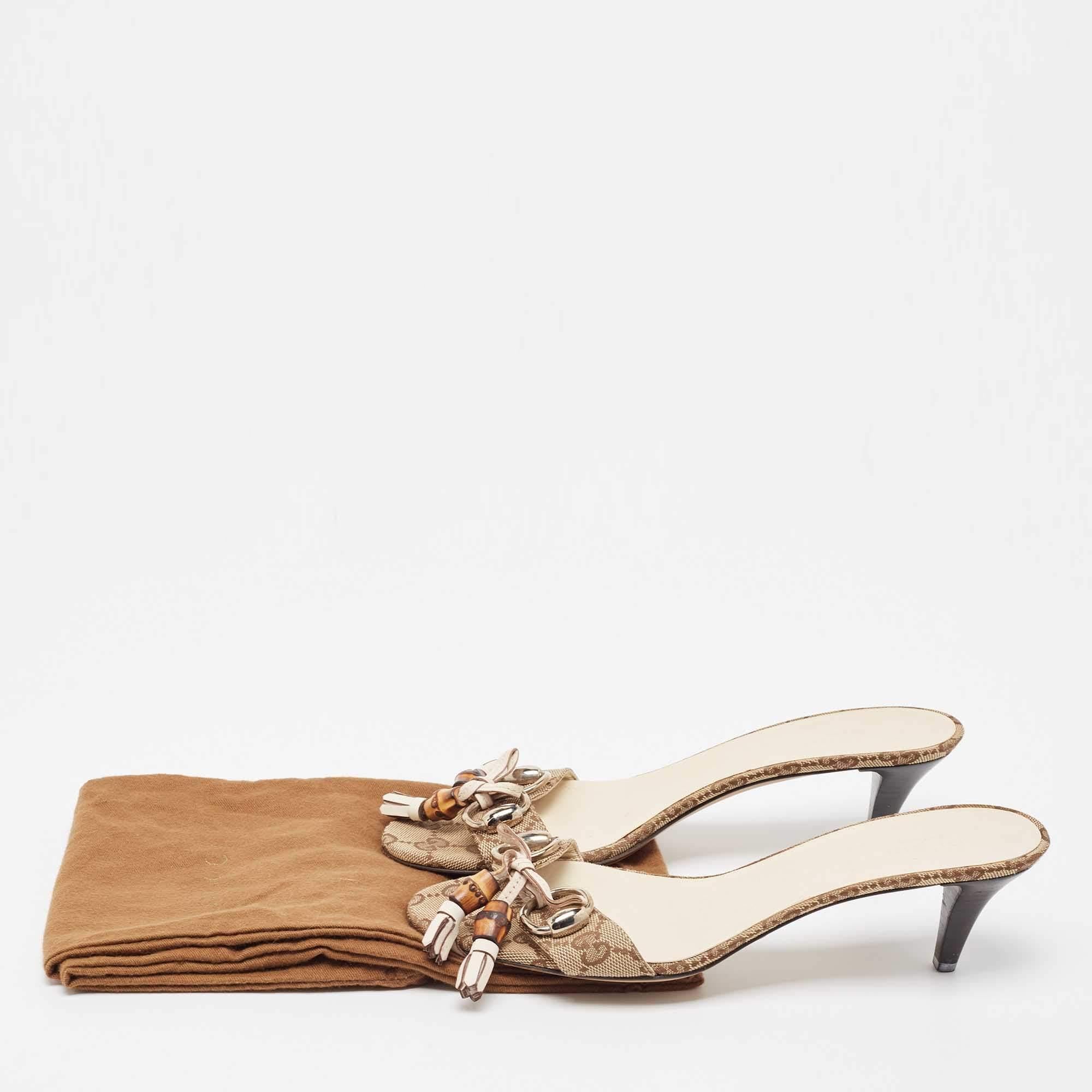 Gucci Brown/Beige GG Canvas Bamboo Tassel Horsebit Slide Sandals Size 38 4