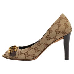 Gucci Brown/Beige GG Canvas GG Logo Peep Toe Block Heel Pumps Size 37