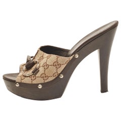 Gucci Brown/Beige GG Canvas Icon Bit Platform Slide Sandals Size 40.5