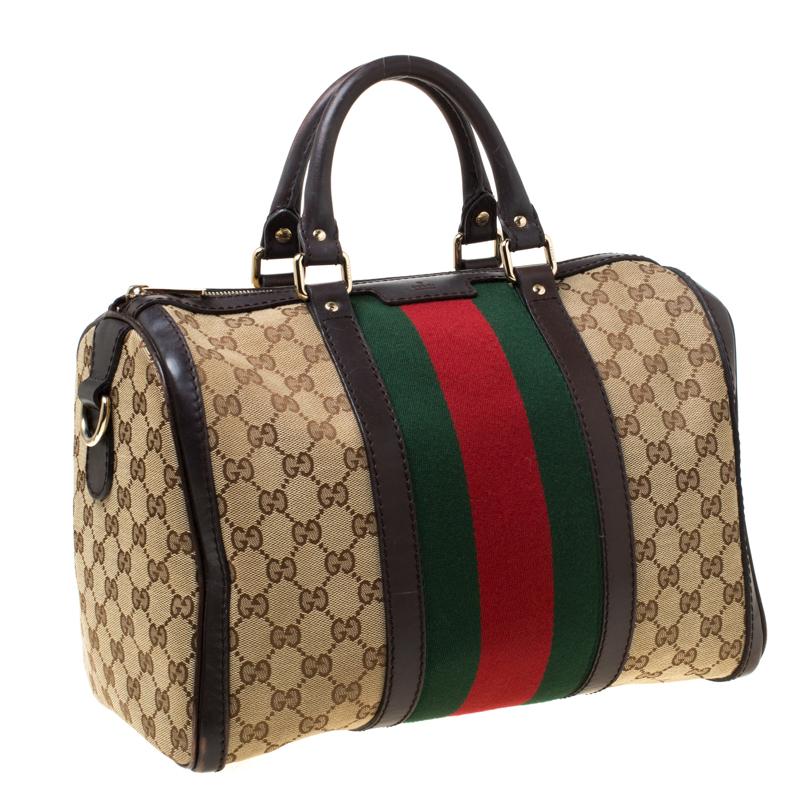 Gucci Brown/Beige GG Canvas Medium Vintage Web Boston Bag In Good Condition In Dubai, Al Qouz 2