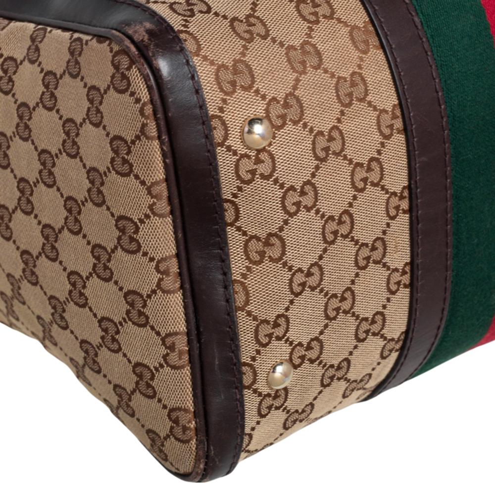 Gucci Brown/Beige GG Canvas Medium Vintage Web Boston Bag In Fair Condition In Dubai, Al Qouz 2