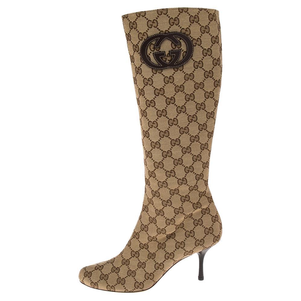 Gucci Brown/Beige GG Canvas Mid Calf Boots Size 37