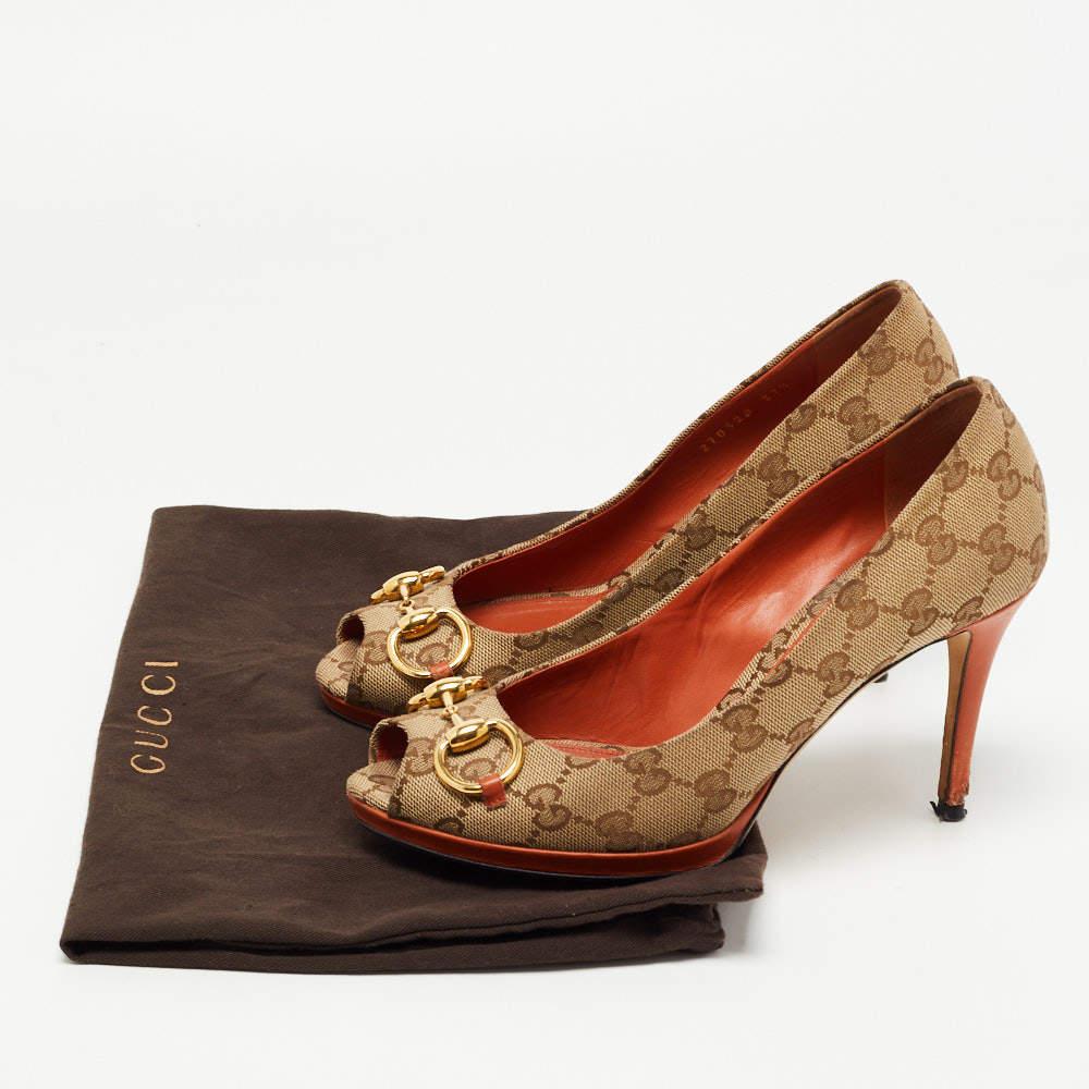 Gucci Brown/Beige GG Canvas New Hollywood Peep Toe Pumps Size 37.5 5