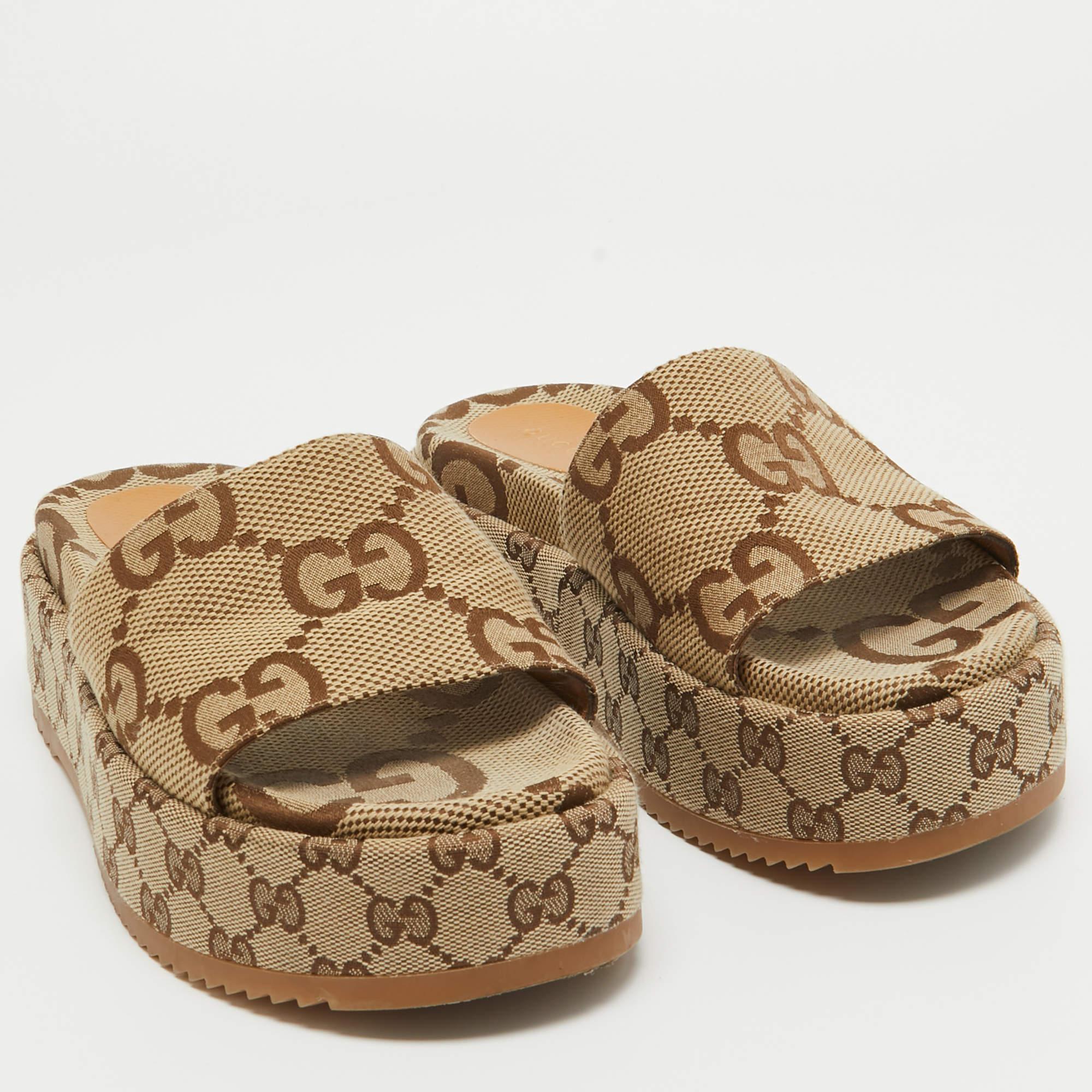 Women's Gucci Brown/Beige GG Canvas Platform Slide Sandals Size 37