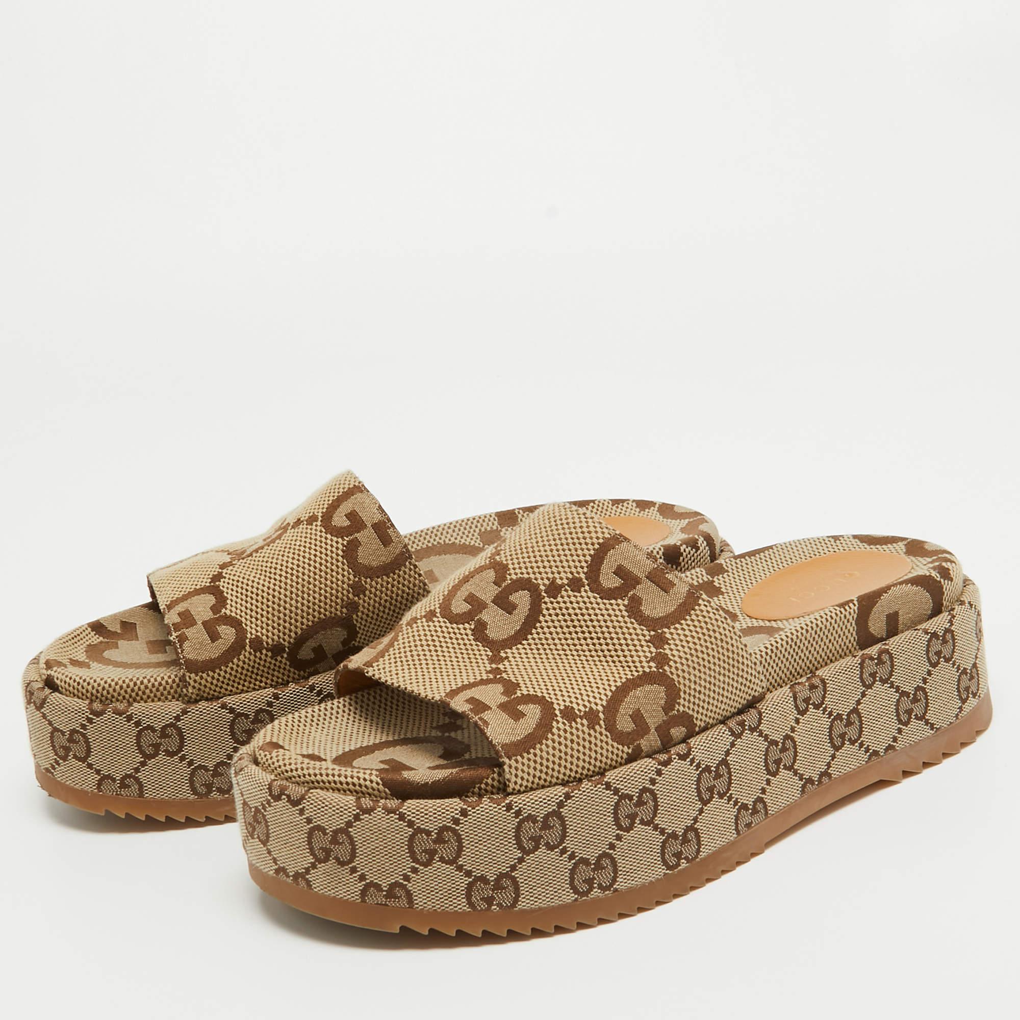 Gucci Brown/Beige GG Canvas Platform Slide Sandals Size 37 4