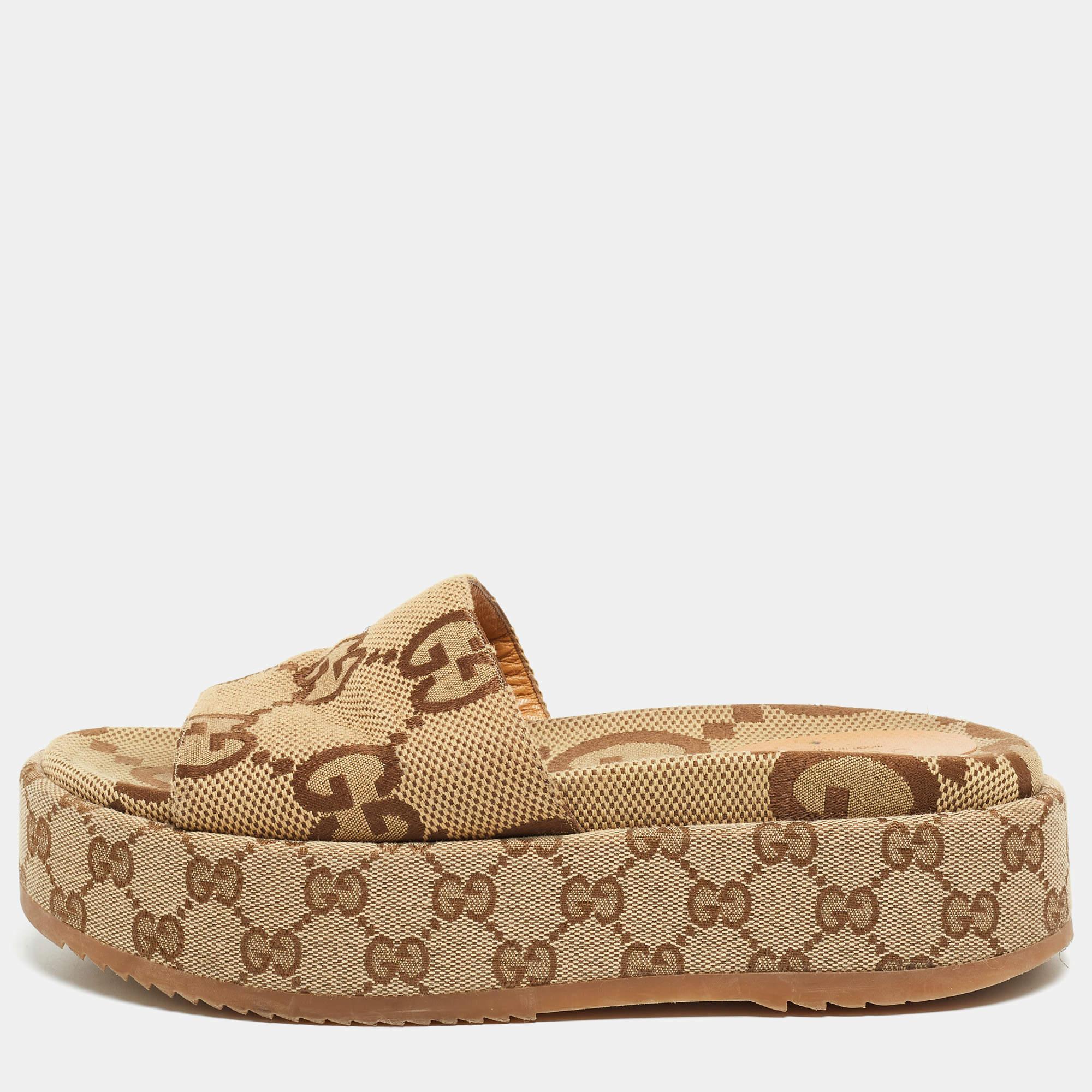 Gucci Brown/Beige GG Canvas Platform Slide Sandals Size 38.5 1