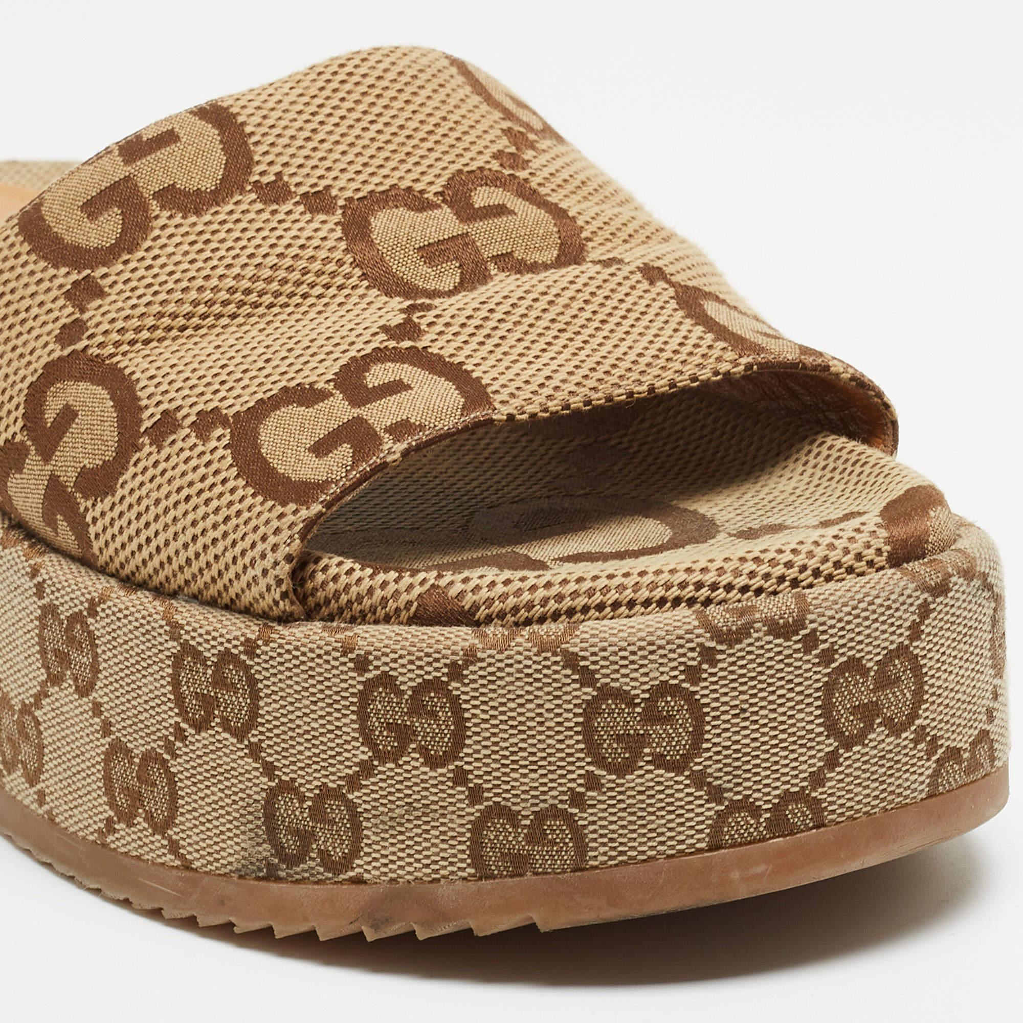 Gucci Brown/Beige GG Canvas Platform Slide Sandals Size 38.5 2