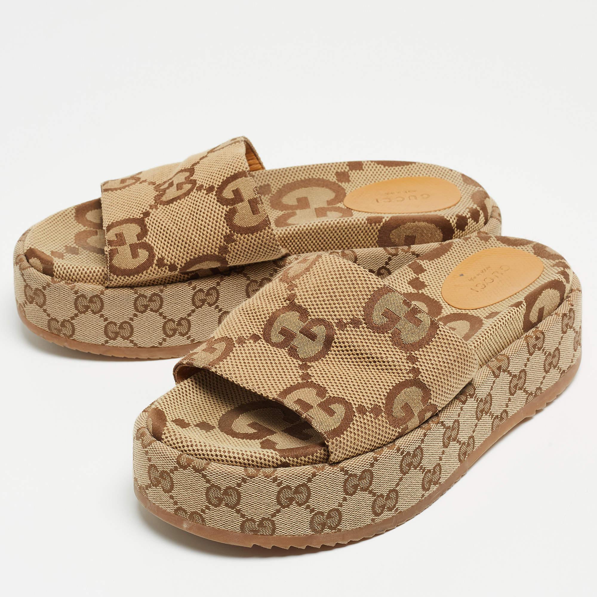 Gucci Brown/Beige GG Canvas Platform Slide Sandals Size 38.5 3