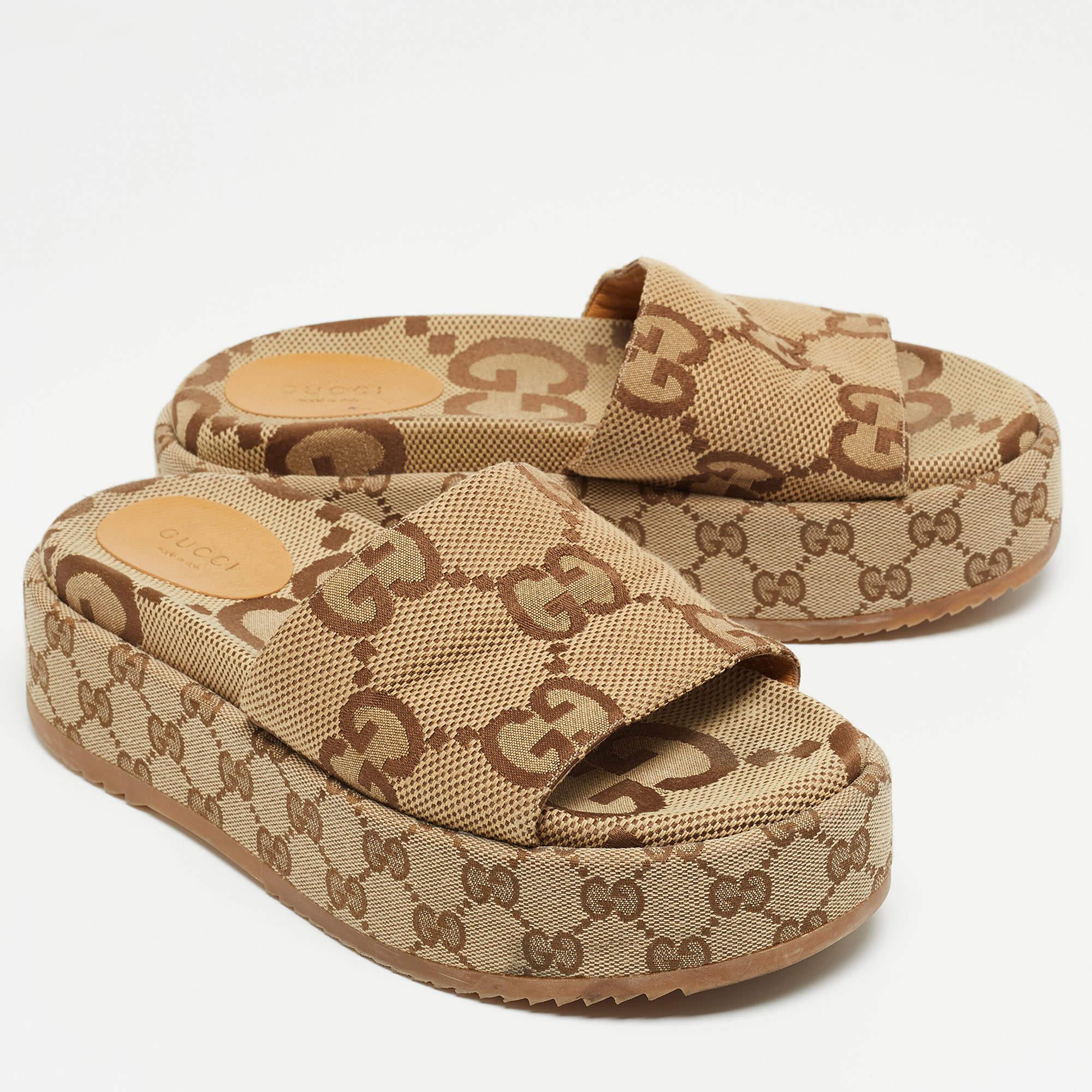 Gucci Brown/Beige GG Canvas Platform Slide Sandals Size 38.5 5