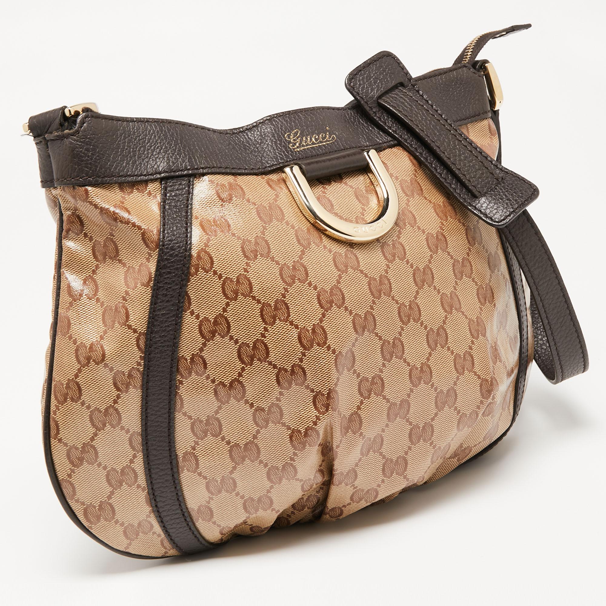 Women's Gucci Brown/Beige GG Crystal Canvas And Leather Abbey D-Ring Crossbody Bag