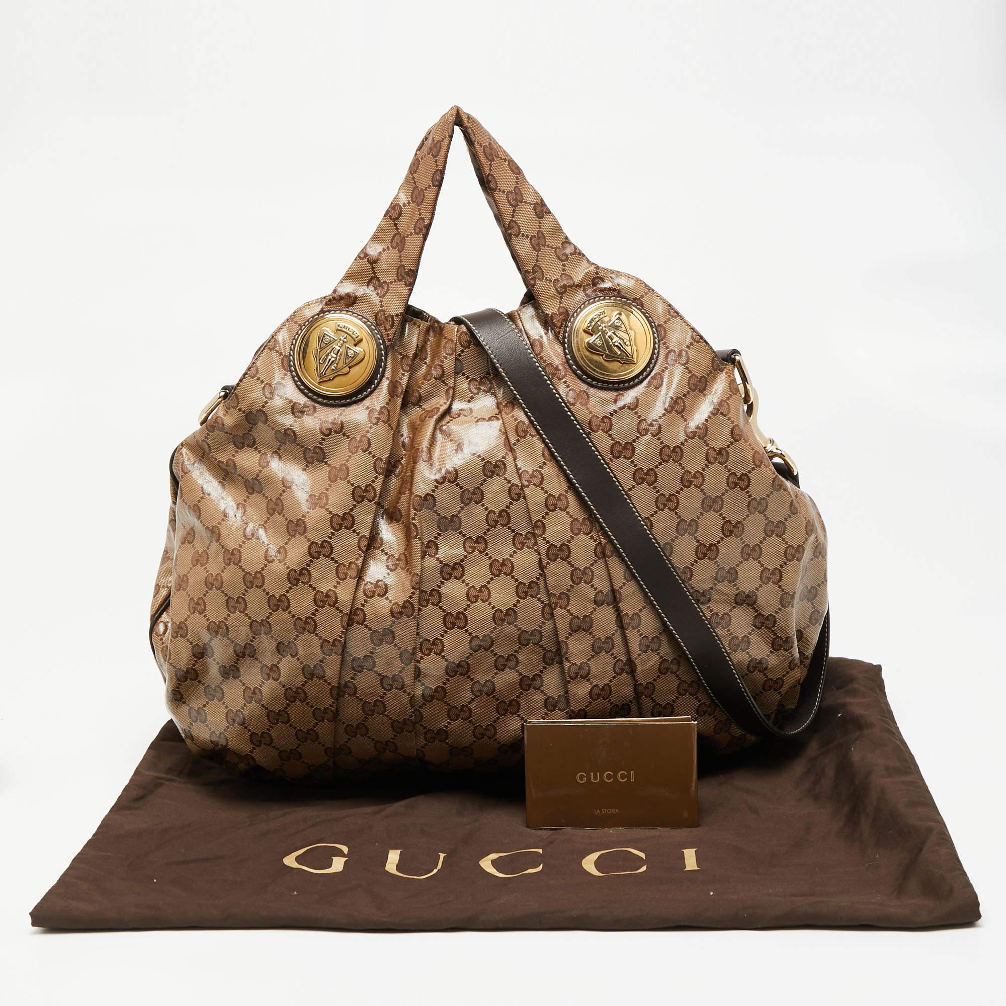 Gucci Brown/Beige GG Crystal Canvas and Leather Large Hysteria Hobo For Sale 8