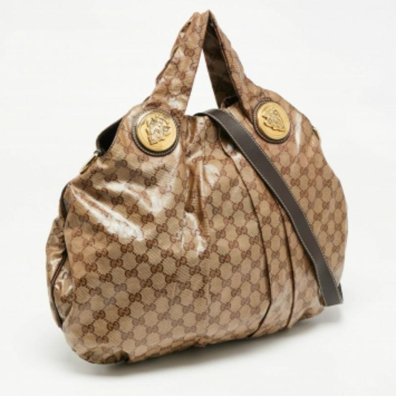 Women's Gucci Brown/Beige GG Crystal Canvas and Leather Large Hysteria Hobo For Sale