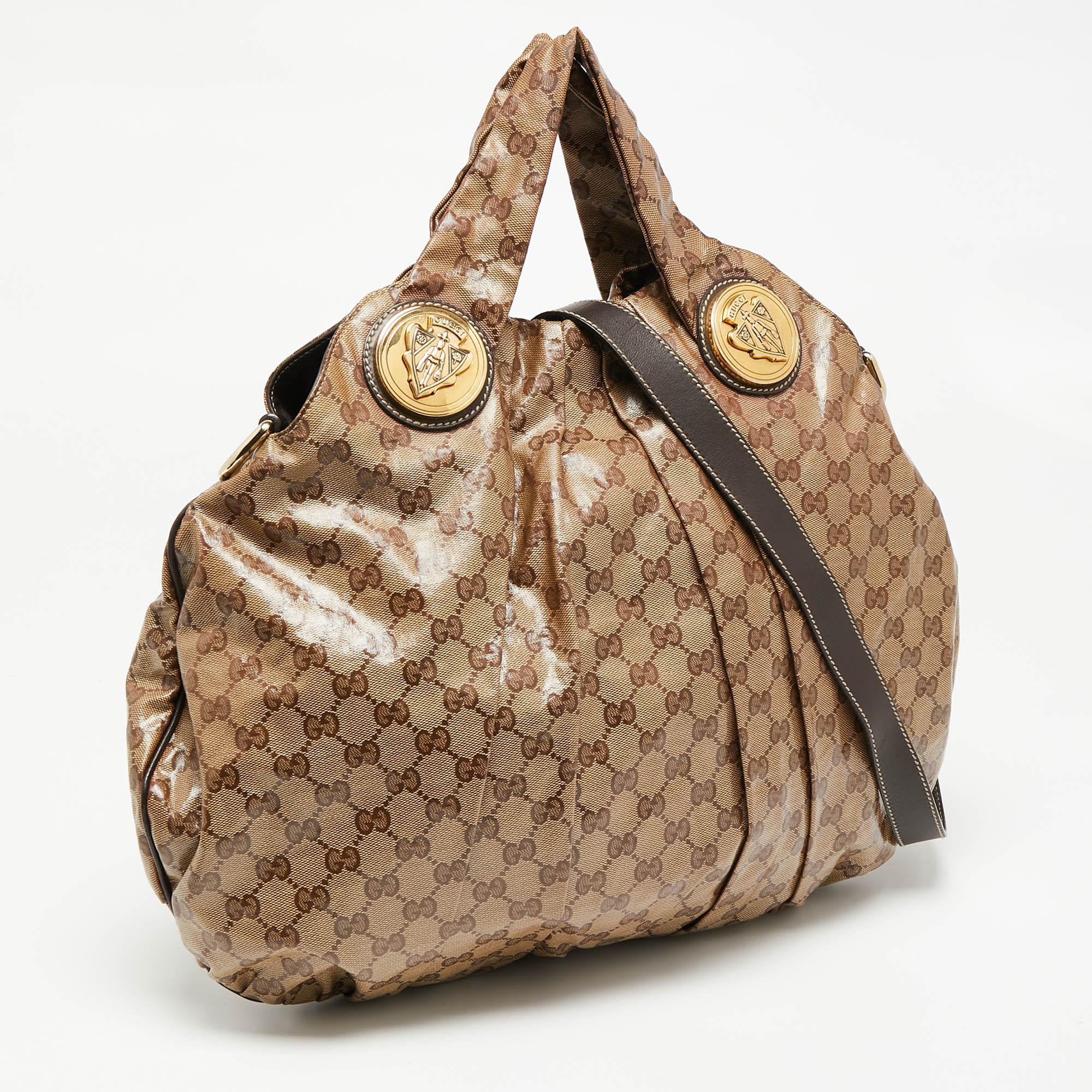 Gucci Brown/Beige GG Crystal Canvas and Leather Large Hysteria Hobo In Good Condition In Dubai, Al Qouz 2