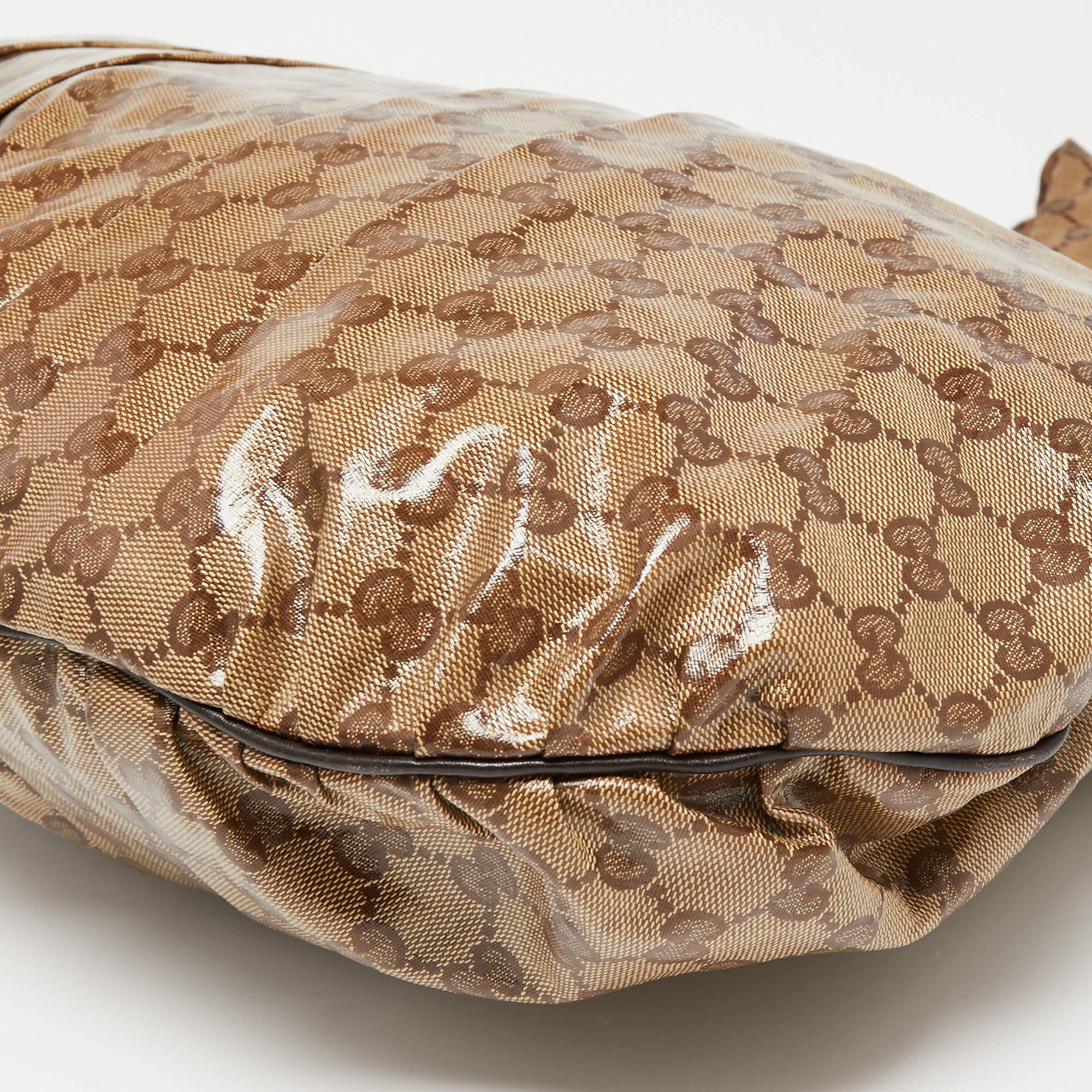 Gucci Brown/Beige GG Crystal Canvas and Leather Large Hysteria Hobo For Sale 3