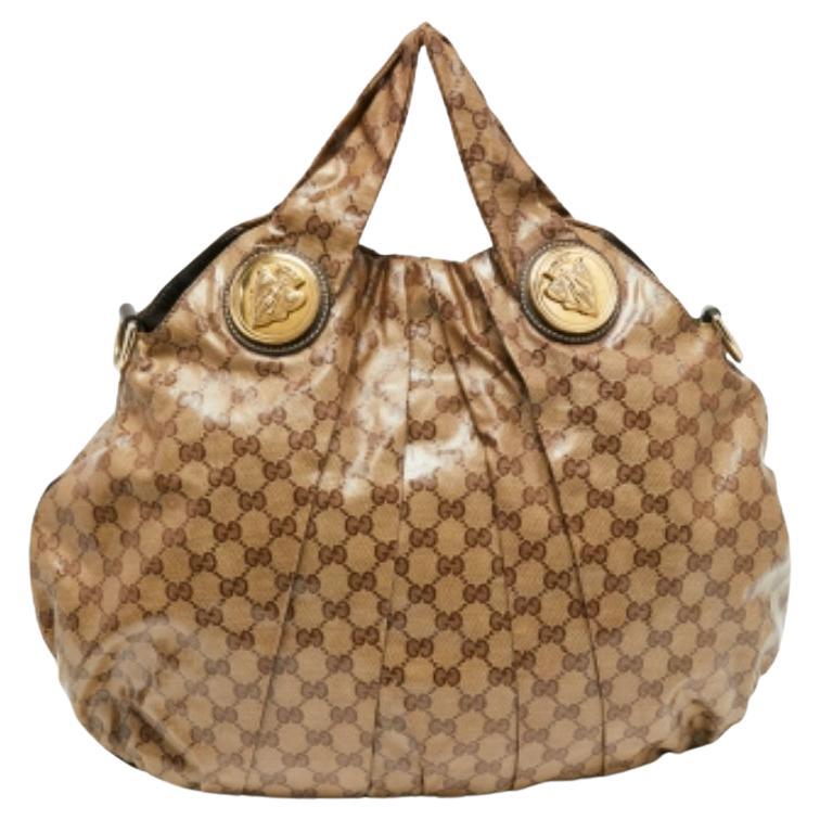 Gucci Brown/Beige GG Crystal Canvas and Leather Large Hysteria Hobo For Sale