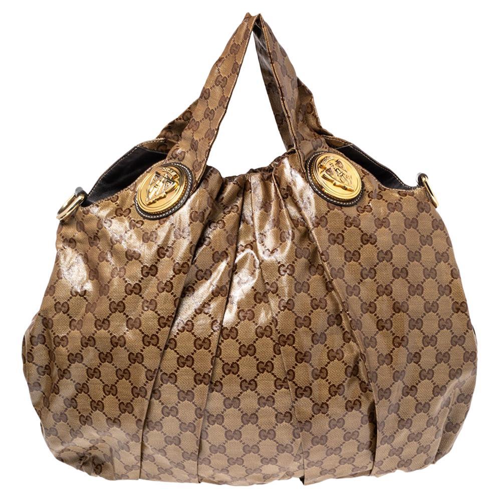Gucci Brown/Beige GG Crystal Canvas and Leather Large Hysteria Hobo