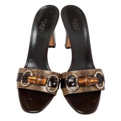 Gucci Brown/Beige GG Crystal Canvas Bamboo Horsebit Slide Sandals 37