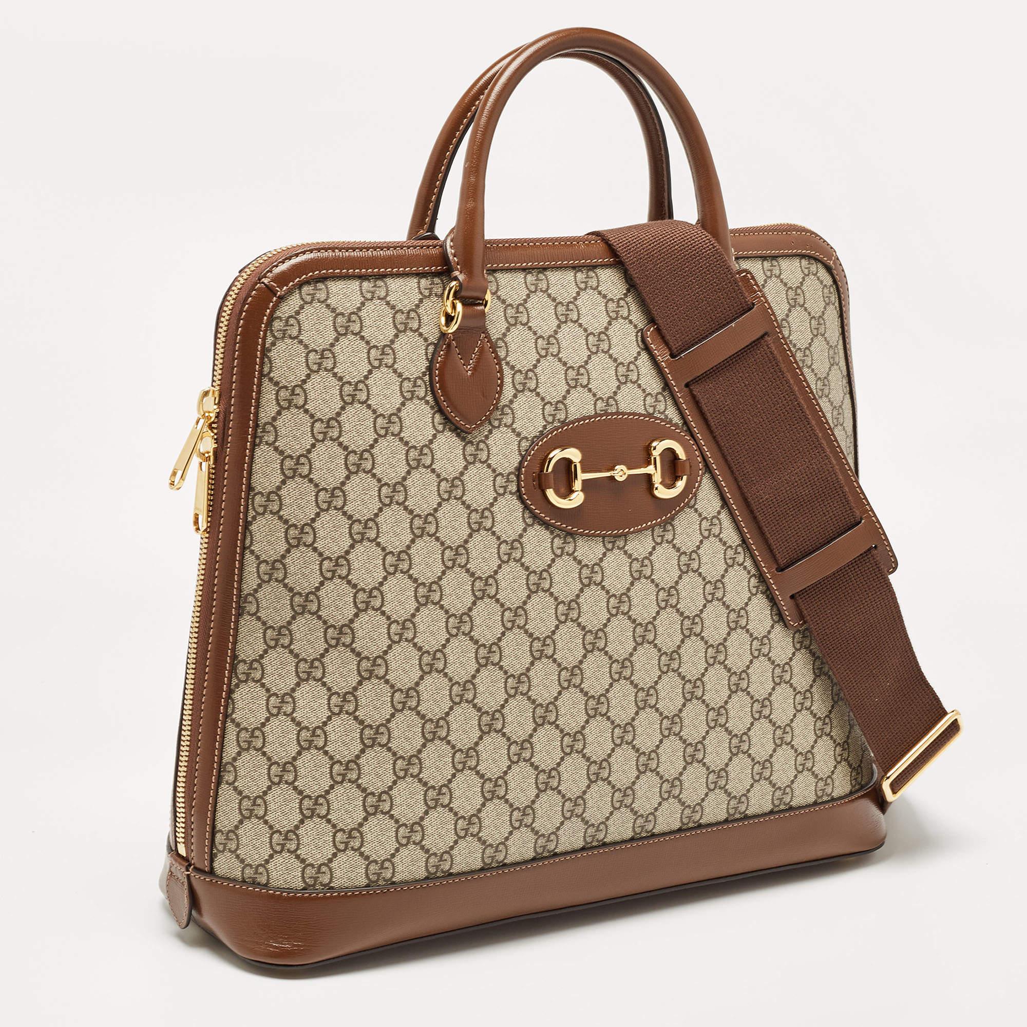 Gucci Brown/Beige GG Supreme Canvas and Leather Horsebit 1955 Duffel Bag For Sale 10