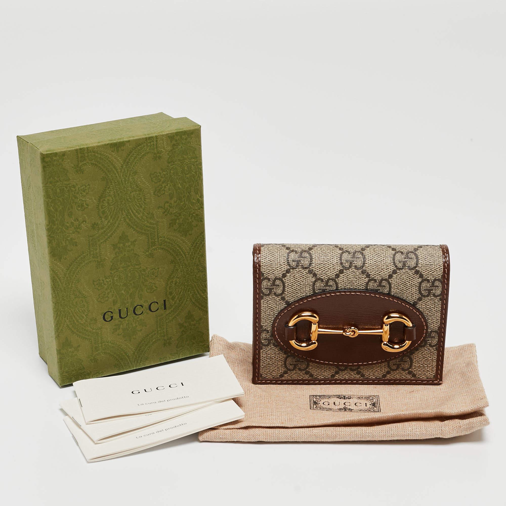 Gucci Brown/Beige GG Supreme Canvas and Leather Horsebit 1955 Flap Card Case 6
