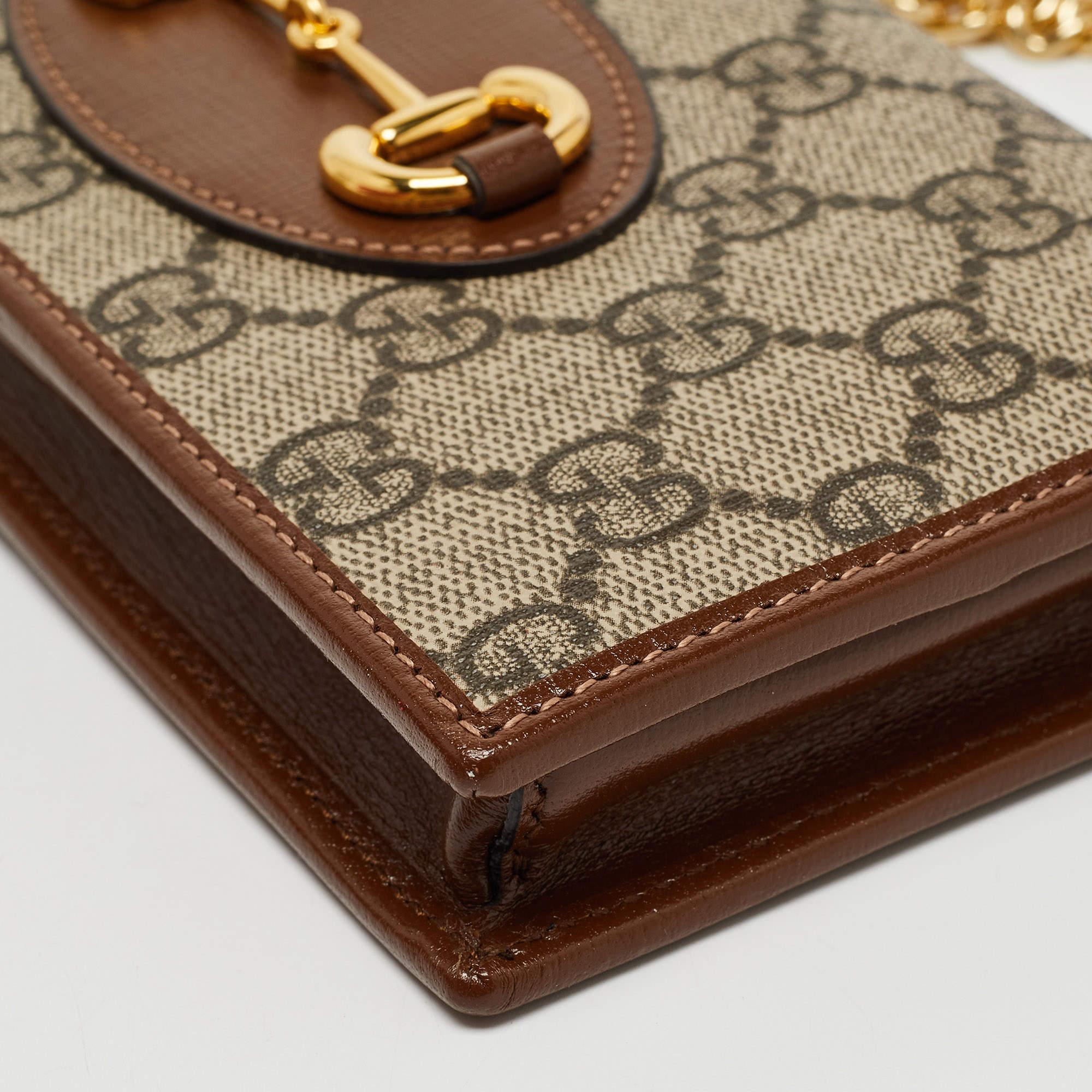 Gucci Brown/Beige GG Supreme Canvas and Leather Horsebit 1955 Wallet on Chain 5