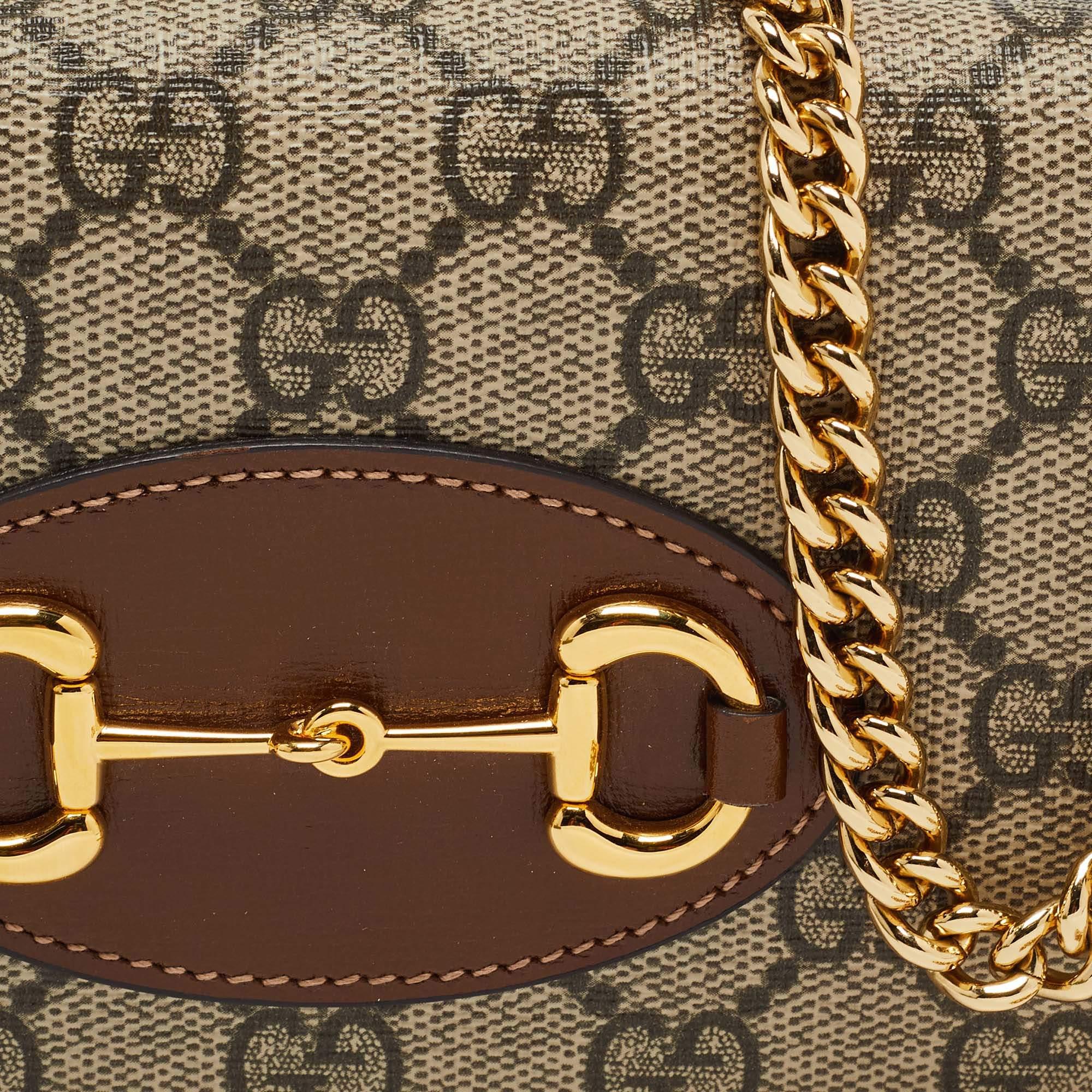 Gucci Brown/Beige GG Supreme Canvas and Leather Horsebit 1955 Wallet on Chain 6