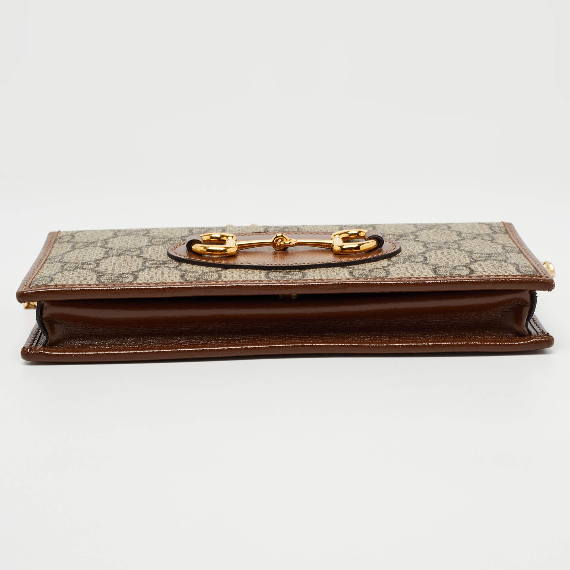 Women's Gucci Brown/Beige GG Supreme Canvas and Leather Horsebit 1955 Wallet on Chain
